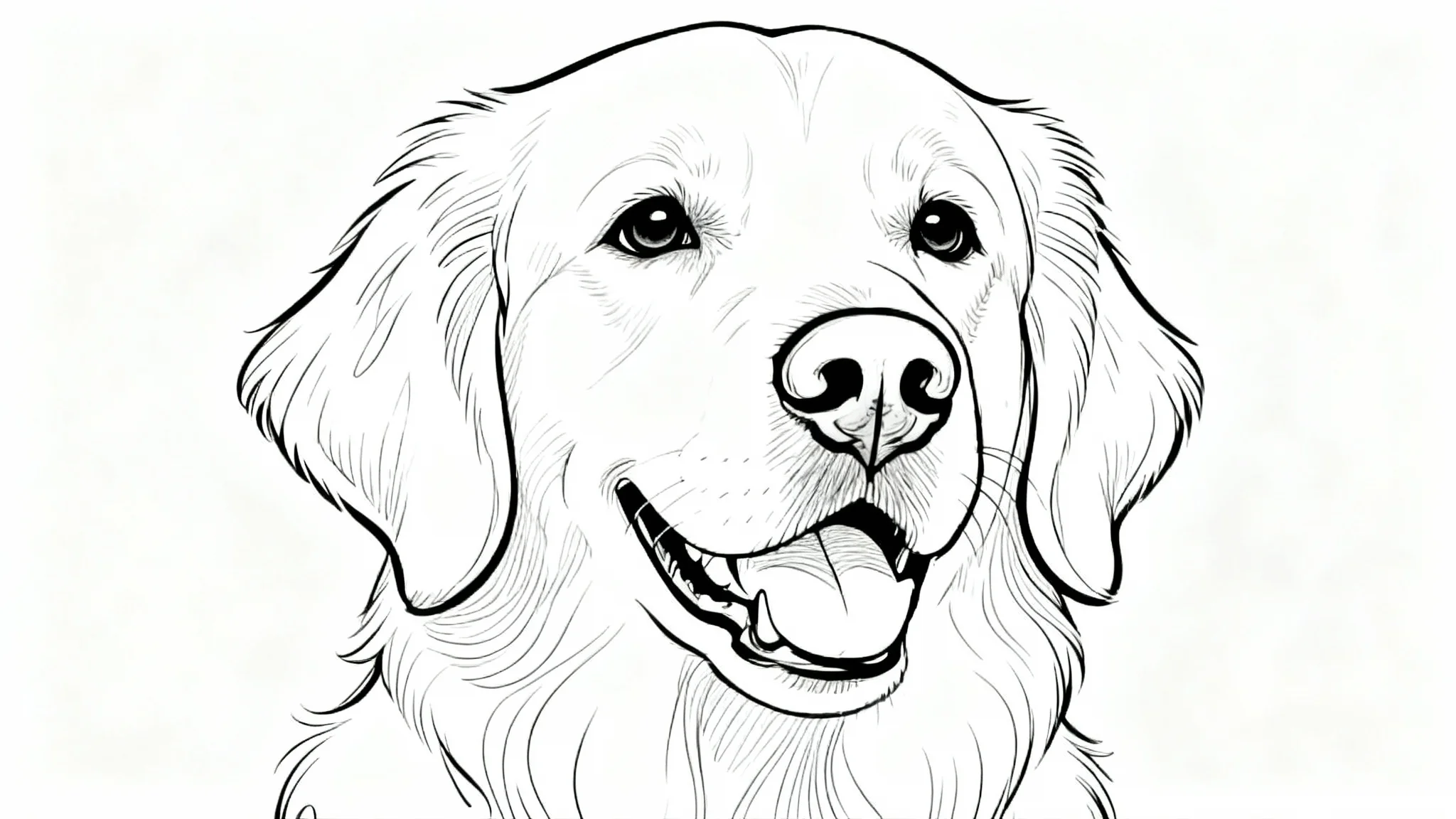 A close-up, minimalist black line drawing of a happy Golden Retriever's face on a stark white background.
