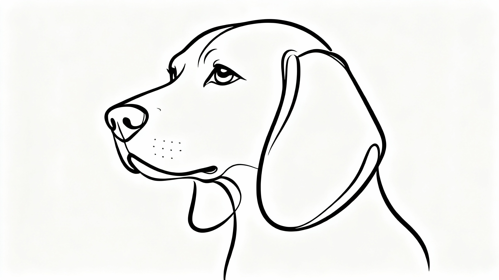 A minimalist black line drawing of a Beagle's head in profile, created with a single continuous line on a clean white background.