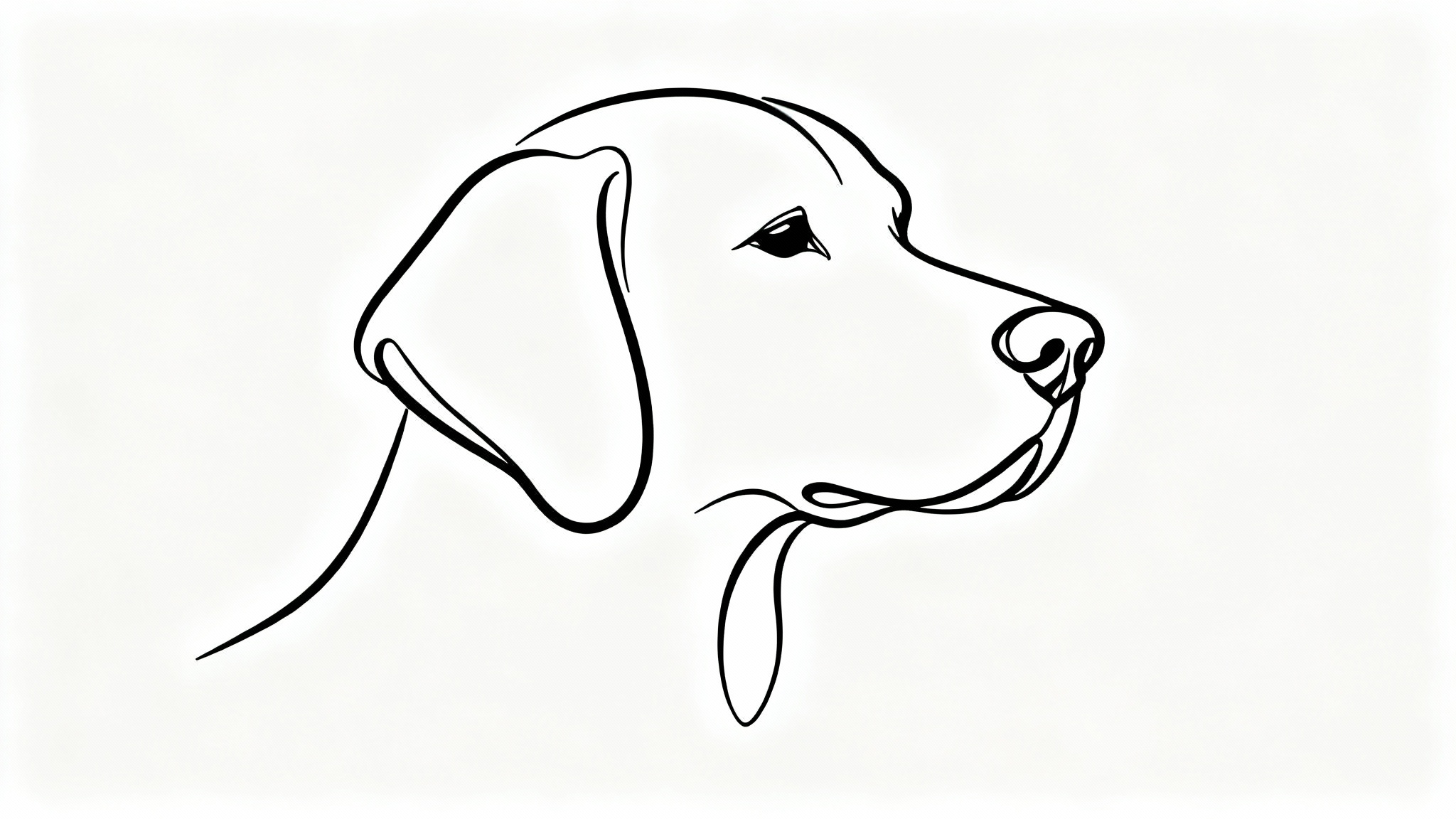A minimalist black line drawing of a Golden Retriever's head in profile, created with a single continuous line on a stark white background.