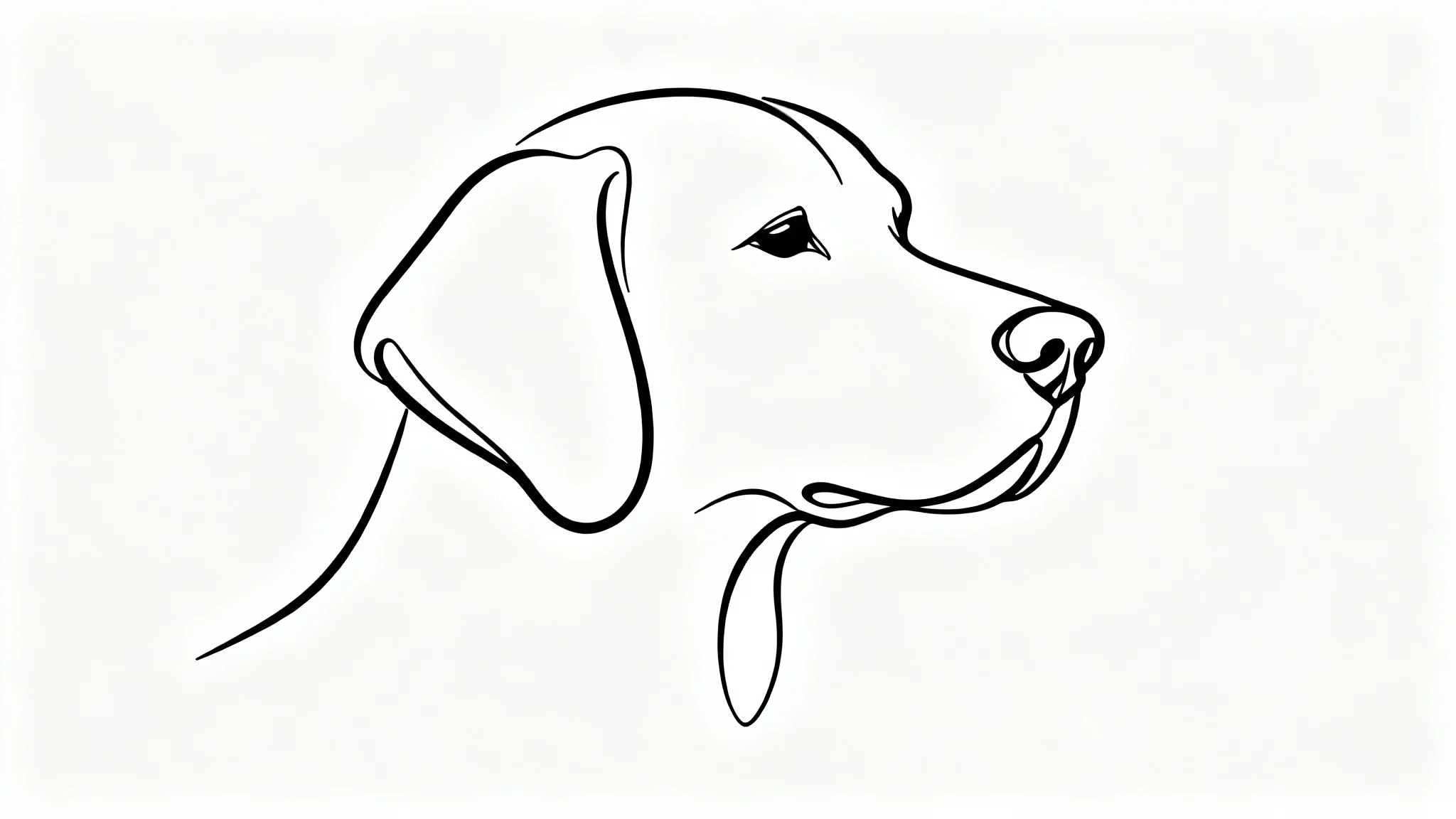 A minimalist black line drawing of a Golden Retriever's head in profile, created with a single continuous line on a stark white background.