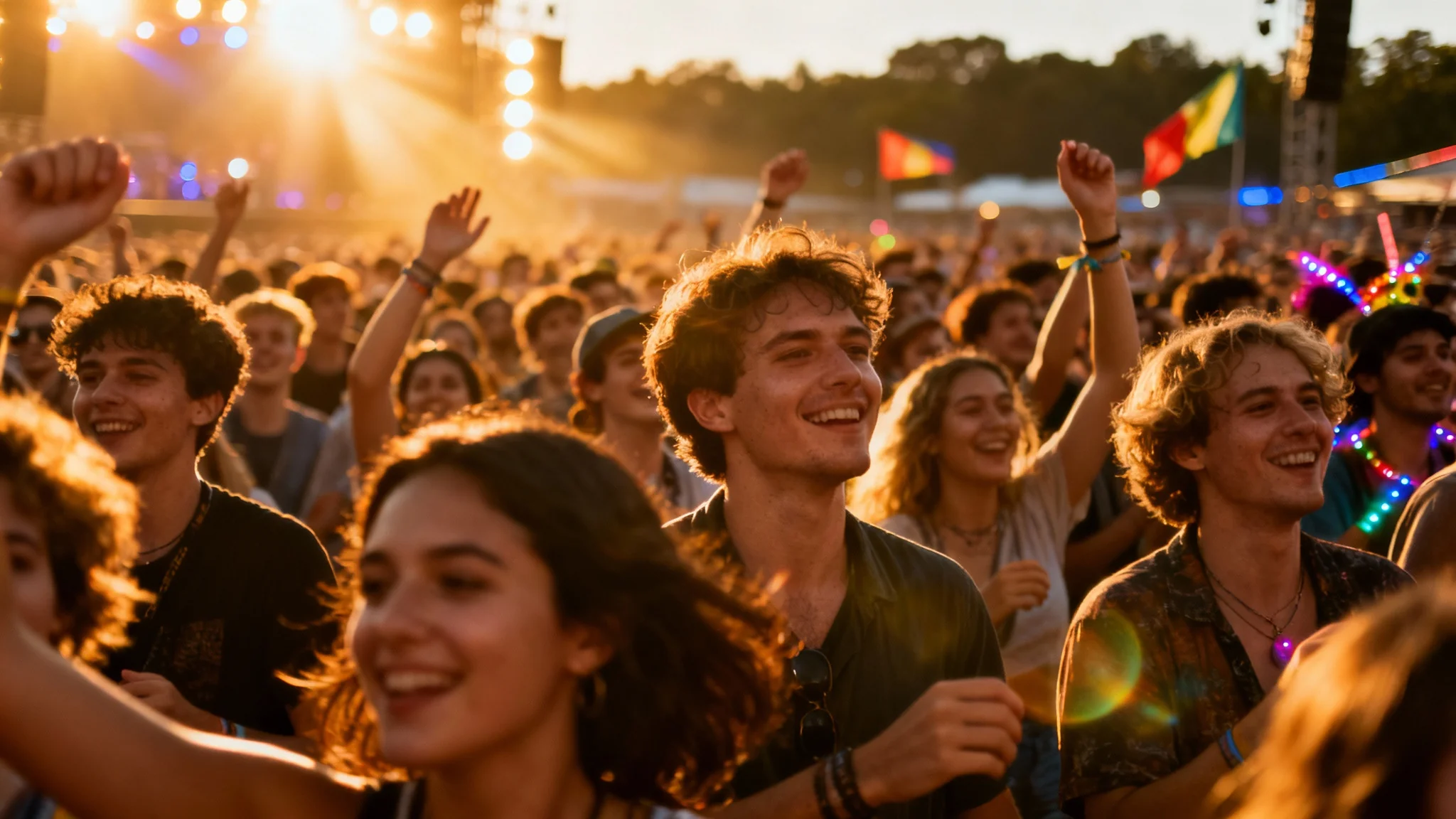 A wide-angle, photorealistic image of a large, diverse crowd at a music festival, with people cheering and bathed in warm, dramatic lighting.