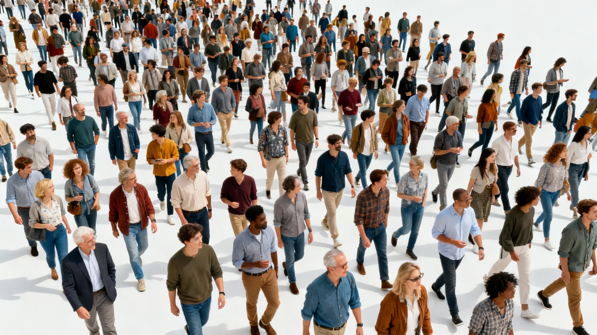 A high-angle, photorealistic image of a large and diverse crowd of people standing together, isolated against a plain white background.