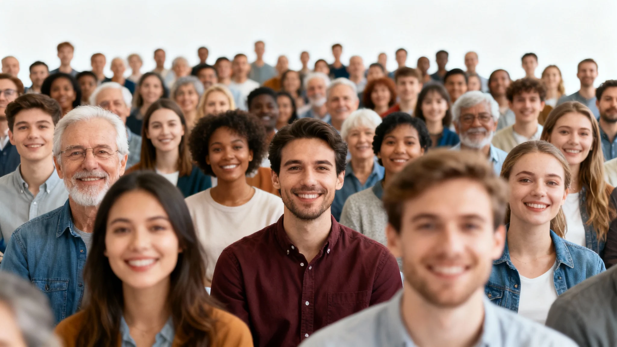 A photorealistic image showing a large, diverse crowd of people of all ages and backgrounds standing and fading into a clean white background, illustrating the concept of a crowd generator.