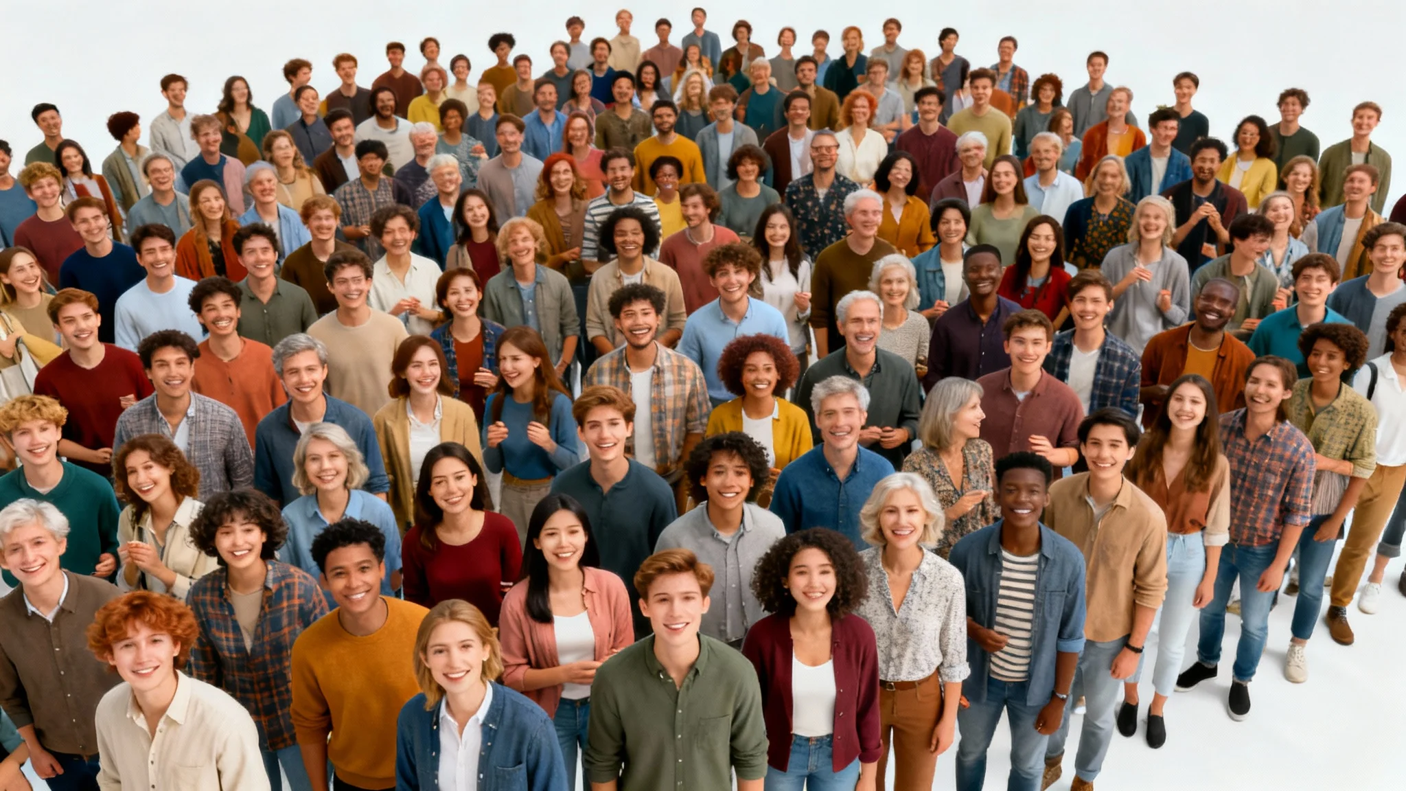 A high-resolution mockup image showing a large, diverse crowd of hundreds of people from all walks of life, standing together against a plain white background.