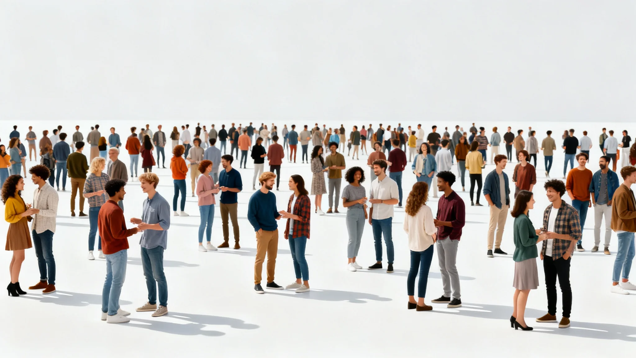 A photorealistic mockup image of a large, diverse crowd of people standing on a clean white background, illustrating a crowd generator tool.