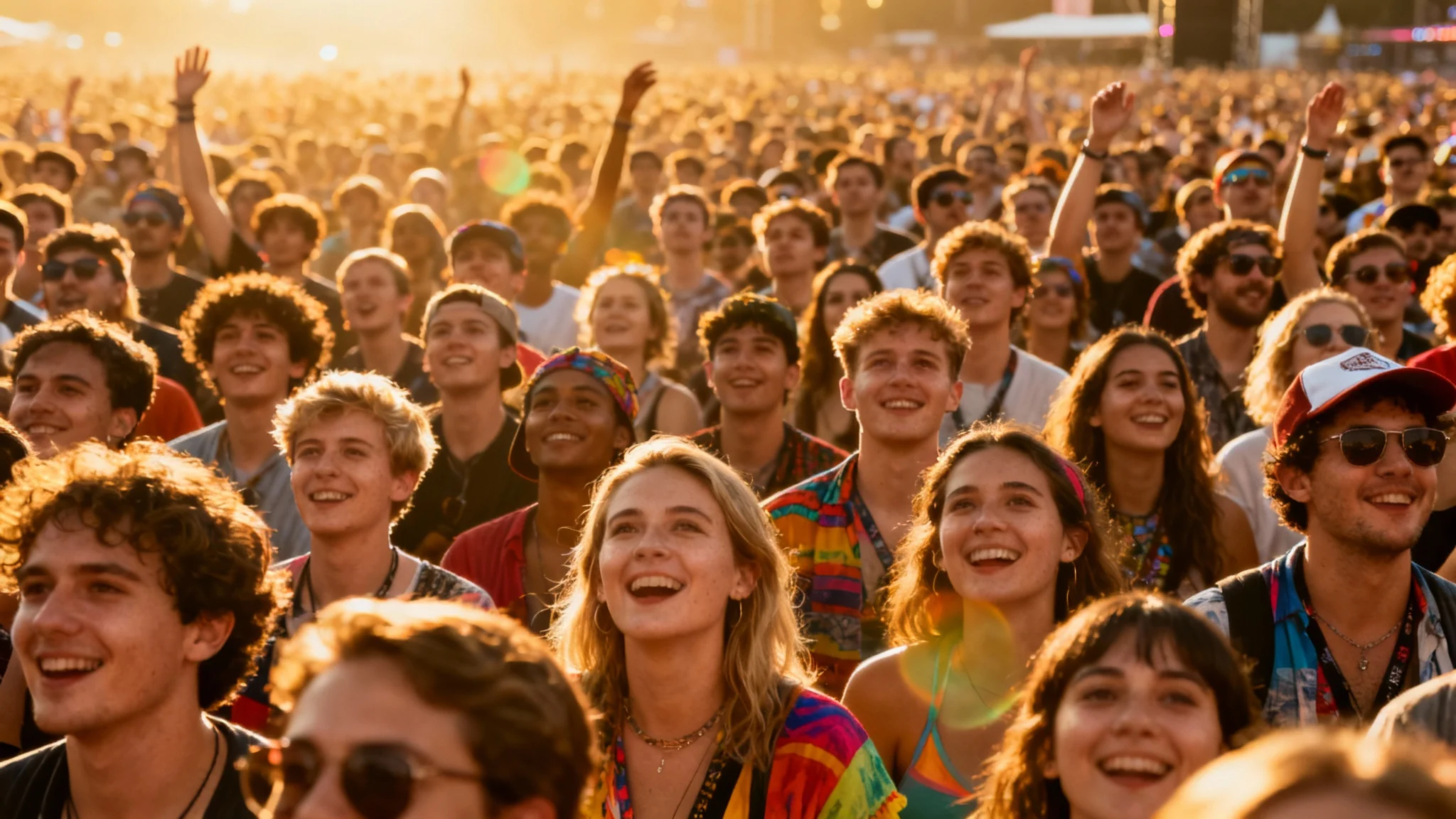 A wide-angle, photorealistic image of a massive, energetic crowd at a sunlit outdoor music festival, showcasing a diverse group of happy people.