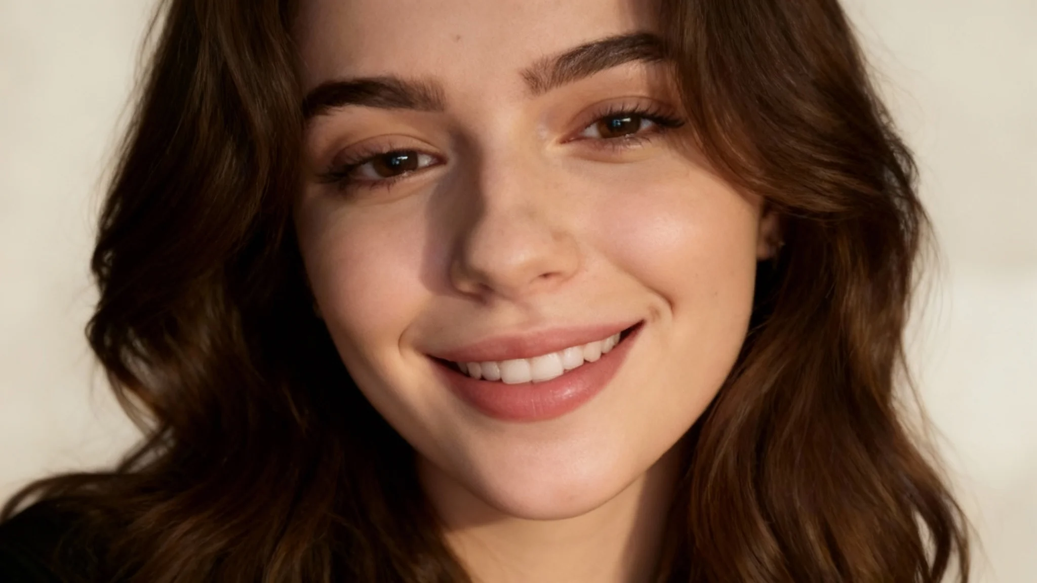 A professionally retouched photo of a young woman with long brown hair smiling, showing off her sharp and defined jawline after a digital double chin removal.