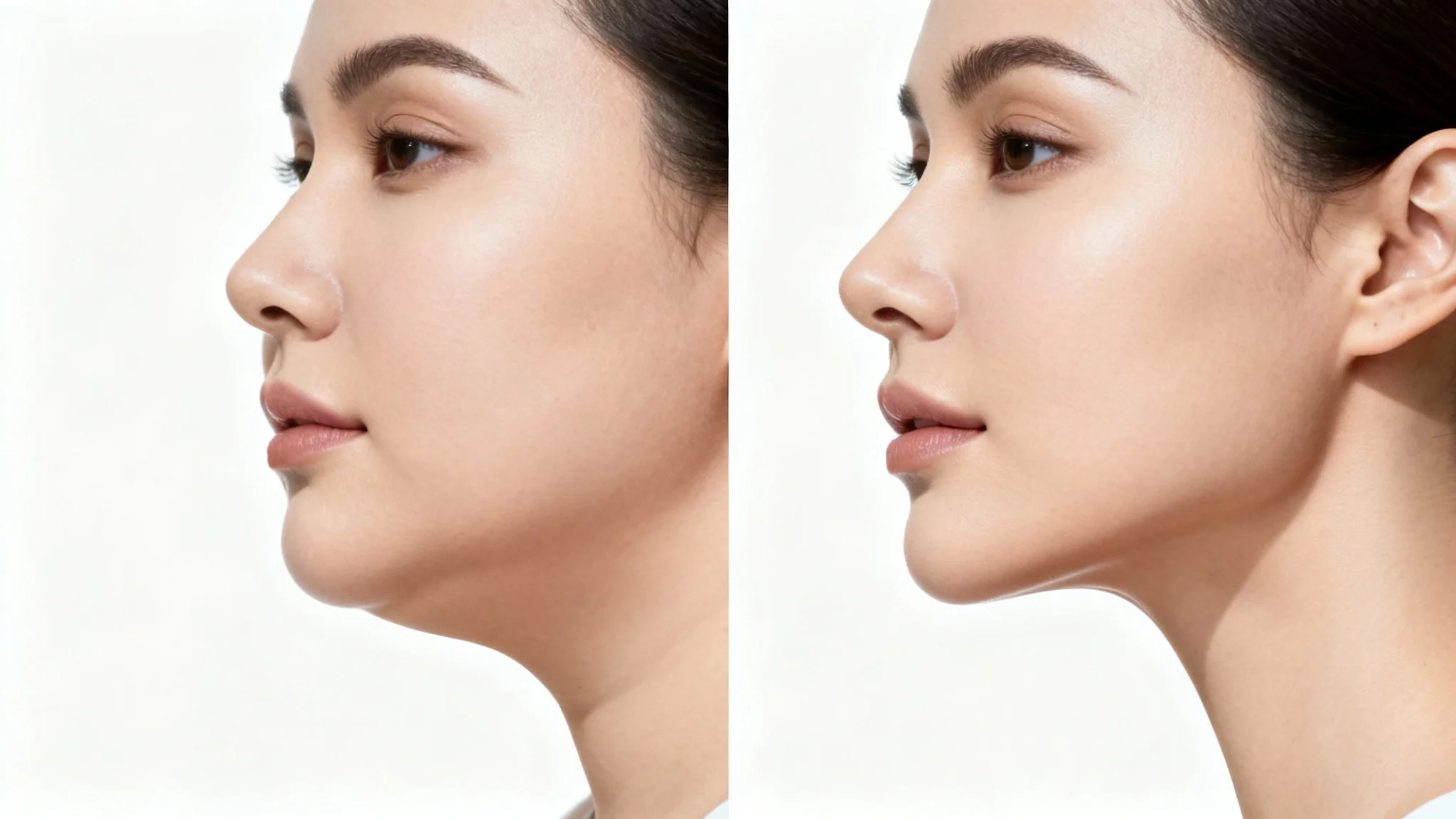 A before-and-after comparison image showcasing the results of double chin removal; the left side shows a profile with a double chin, and the right side shows the same profile with a sharp, defined jawline.