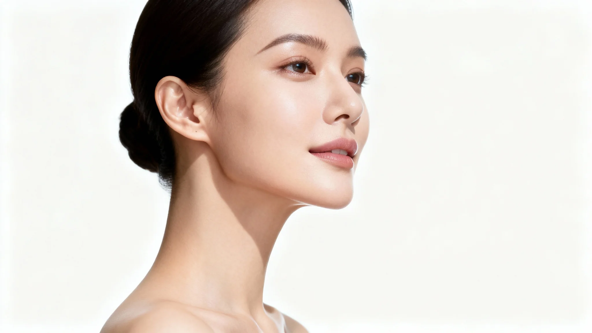 A close-up photograph of a woman's profile, showcasing a smooth and sharply defined jawline, representing the result of a double chin removal.