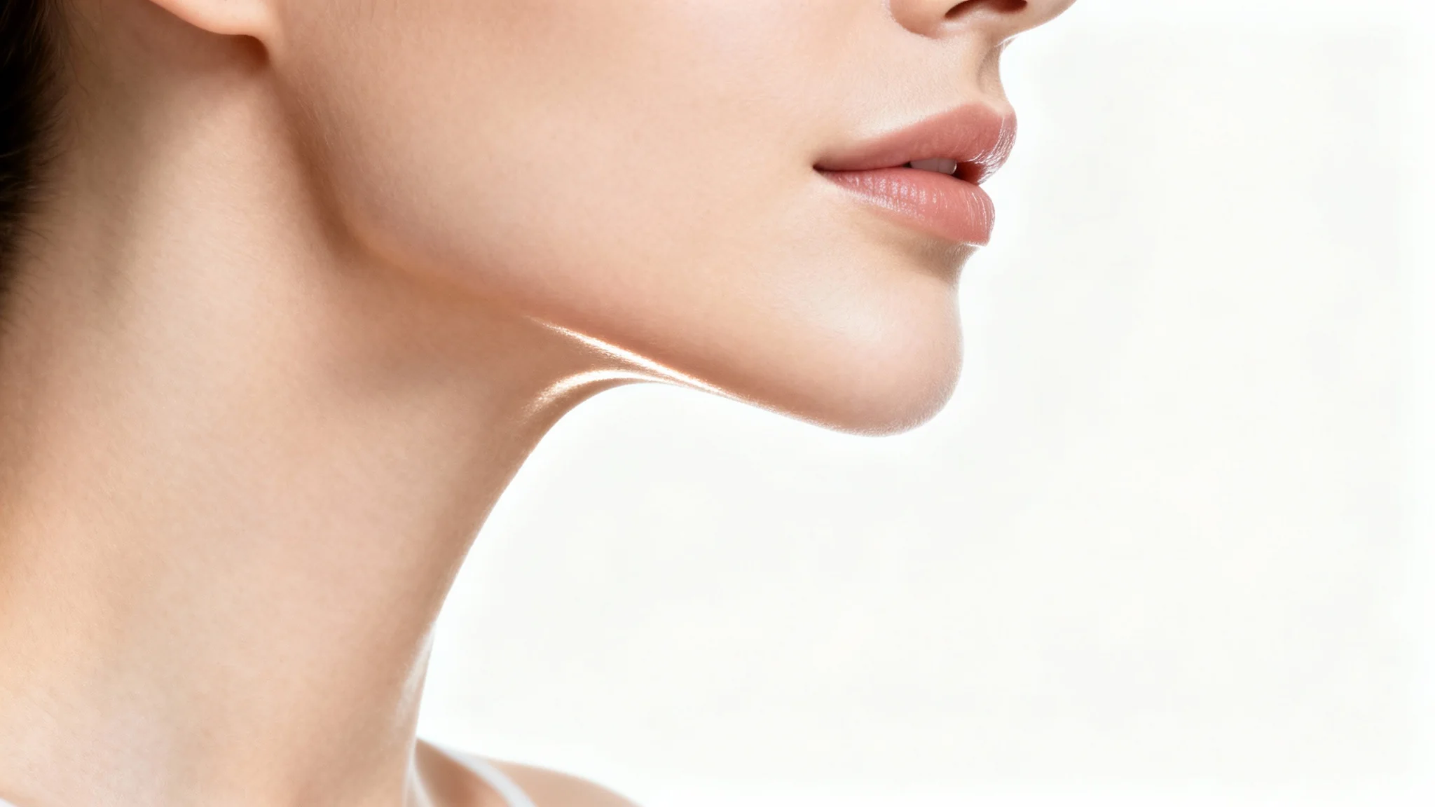 A close-up photorealistic image of a woman's sharp and defined jawline, demonstrating the result of double chin removal, set against a plain white background.