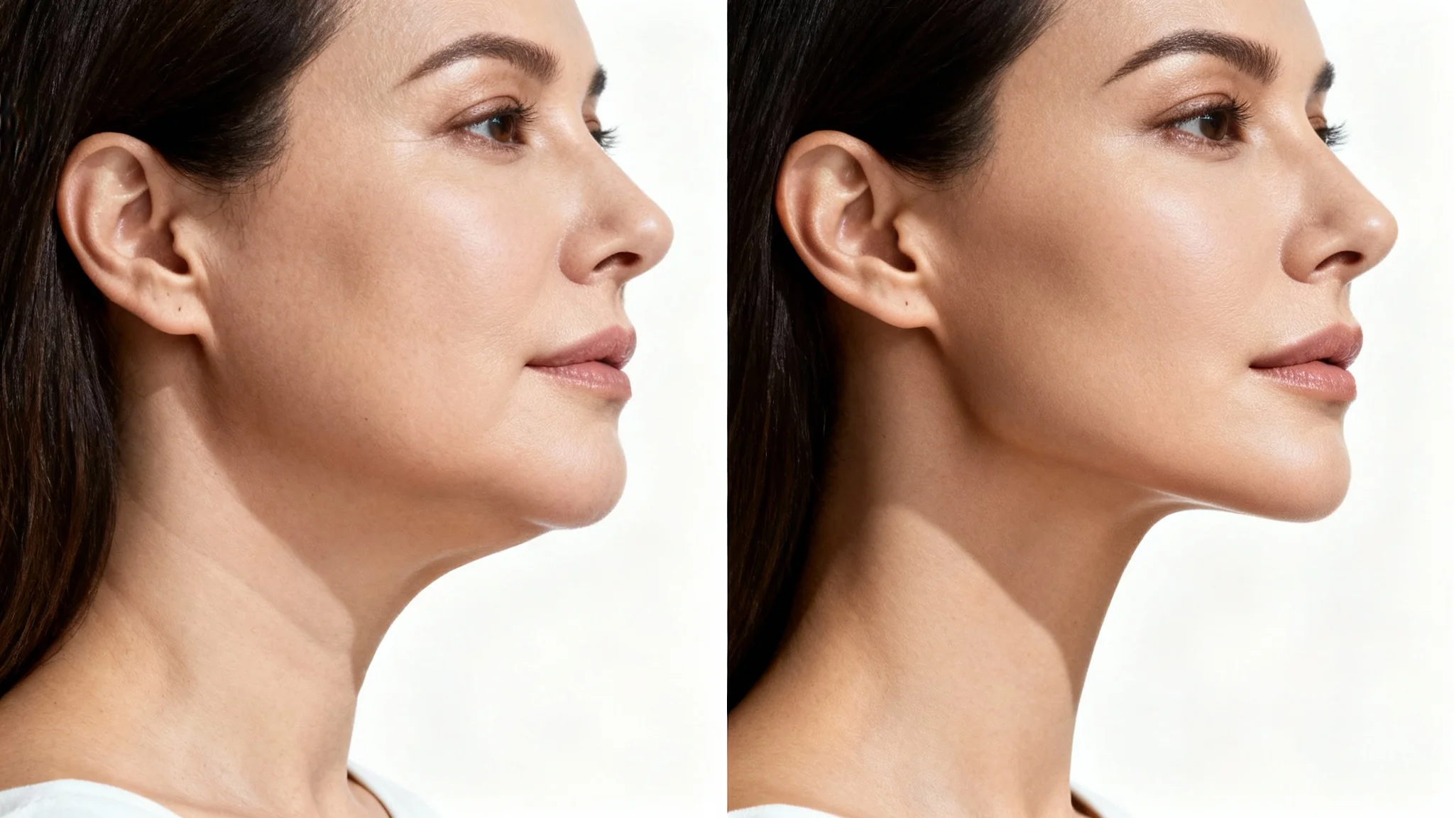 A before-and-after comparison image showing a woman's profile; the 'before' side displays a double chin, and the 'after' side shows a smooth, defined jawline.