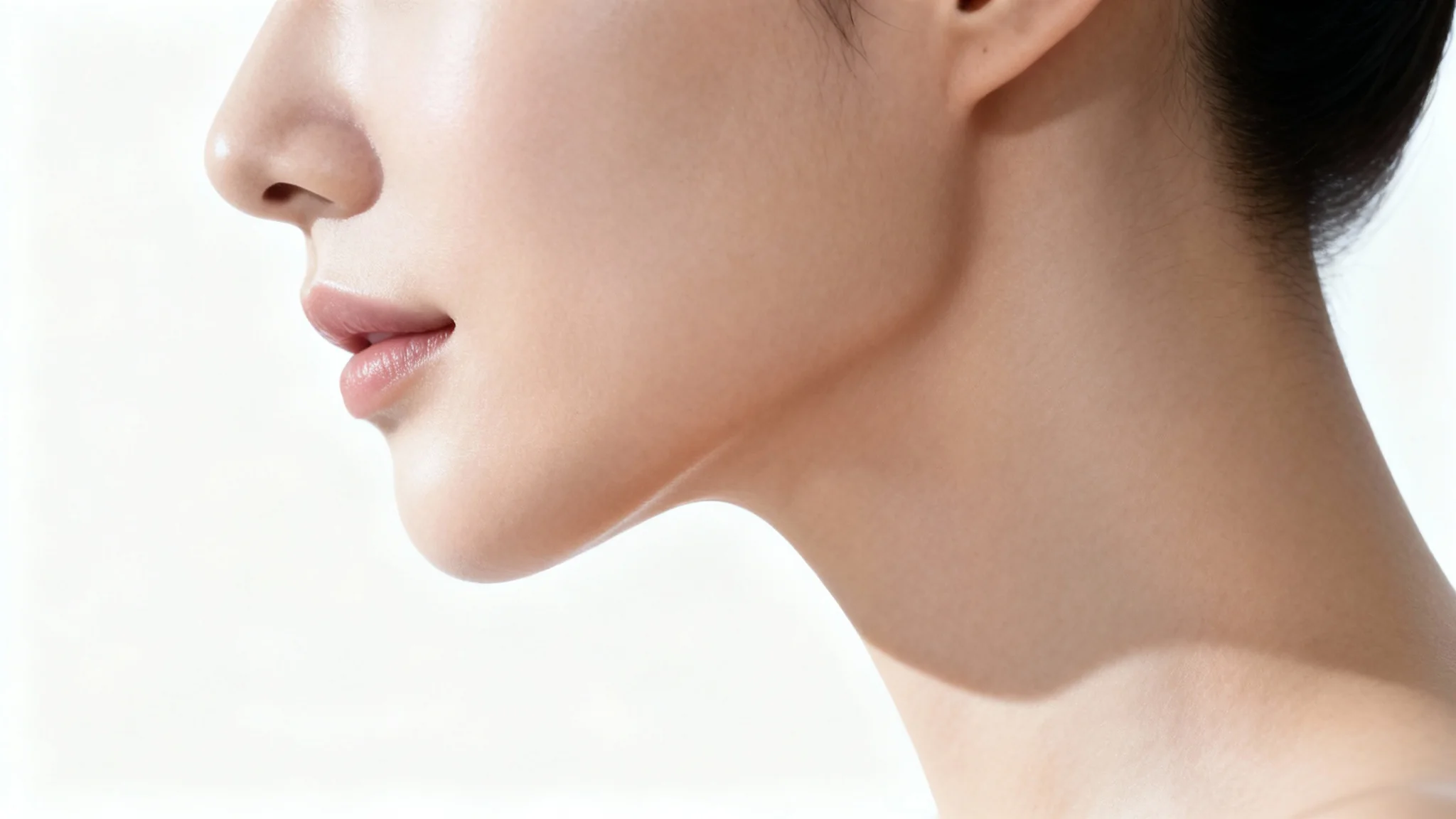 A close-up photograph showing the profile of a person with a perfectly defined, sharp jawline and a smooth neck, demonstrating the result of double chin removal.