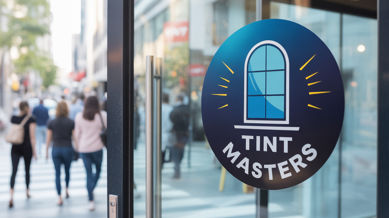 A professional logo for 'TINT MASTERS' window tinting, shown applied to the glass door of a modern storefront.