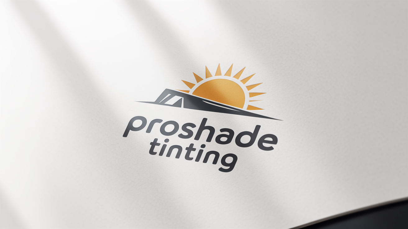A modern logo for a window tinting company named 'ProShade Tinting', featuring a sun icon with a protective film layer, set against a white background.