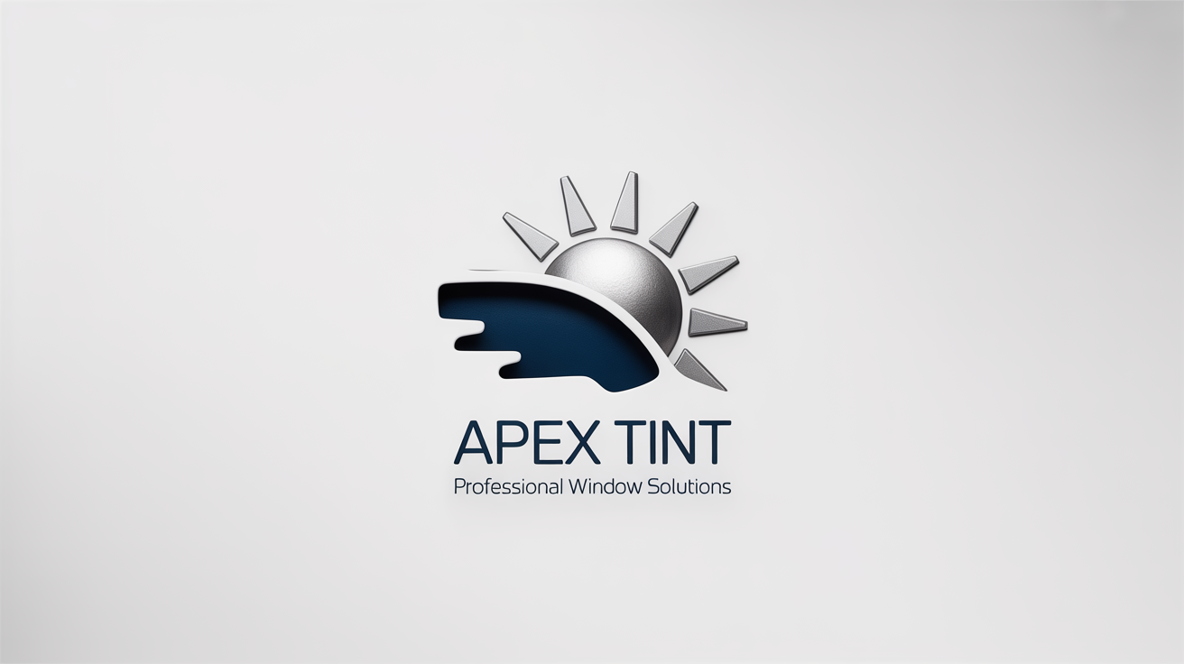 A modern logo mockup for a window tinting company called 'Apex Tint'. The design features a stylized car window blocking sun rays, set against a plain white background.