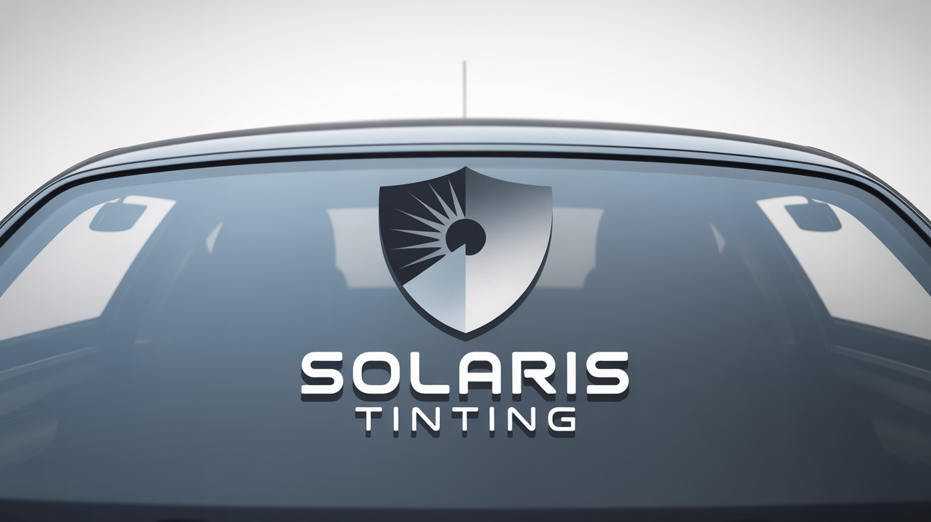 A professional mockup of a logo for a window tinting company called 'Solaris Tinting', shown as a silver and charcoal decal on a piece of dark glass against a white background.