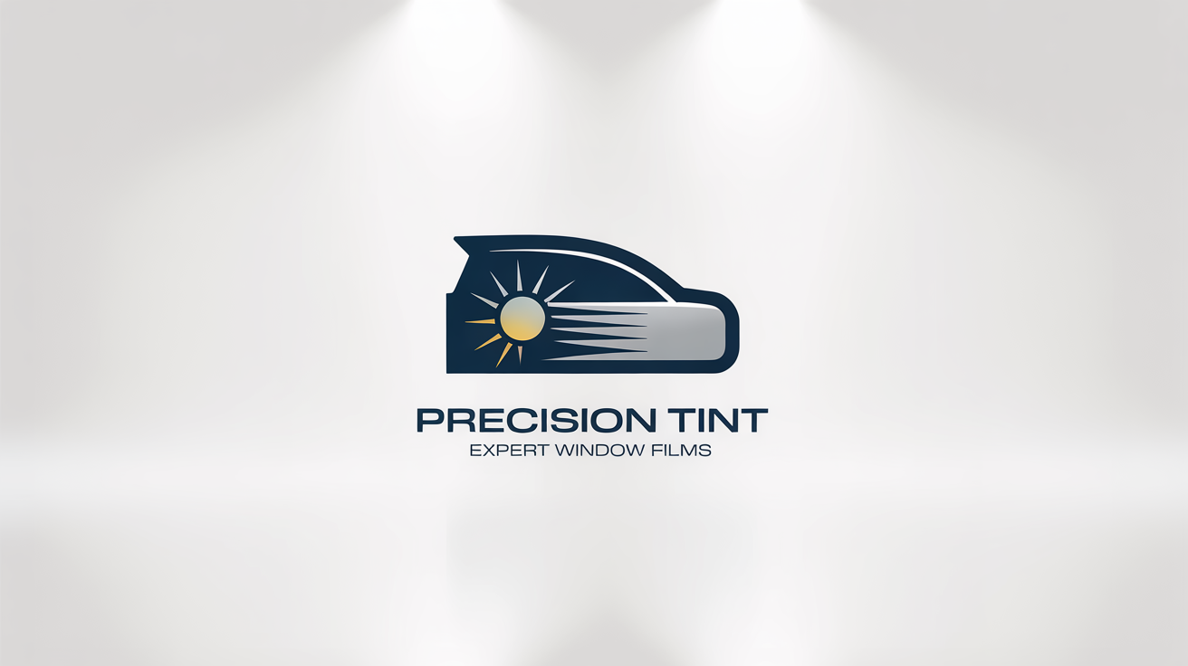 A modern logo for a window tinting company called 'Precision Tint', featuring an icon of a tinted car window blocking the sun, on a white background.