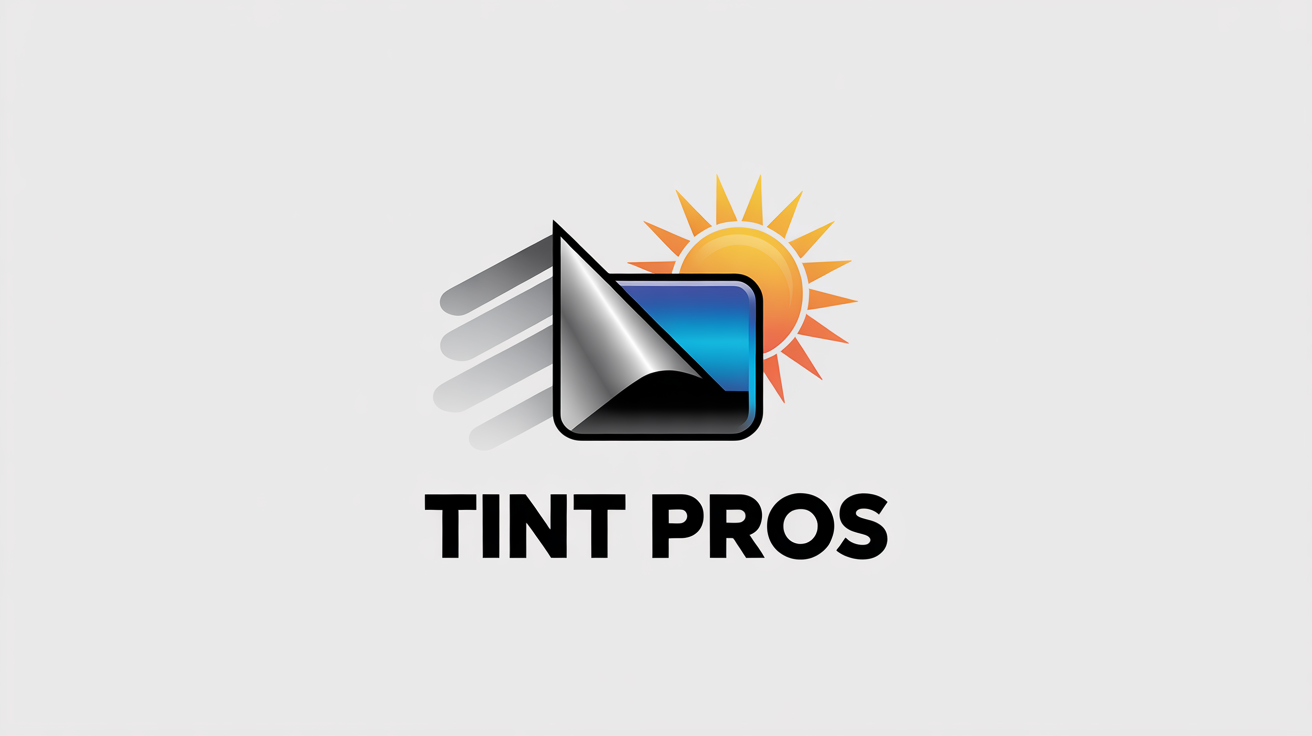 A professional logo for a window tinting company called 'Tint Pros', featuring a stylized car window graphic demonstrating UV protection from a sun icon, all set on a clean white background.