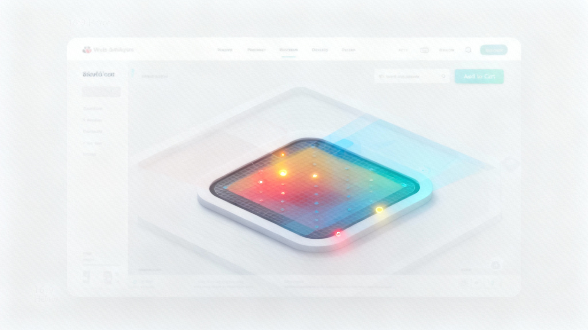 A final result of a heat map tool, showing a clean e-commerce website with a colorful overlay that highlights user clicks in red and yellow on buttons and images.