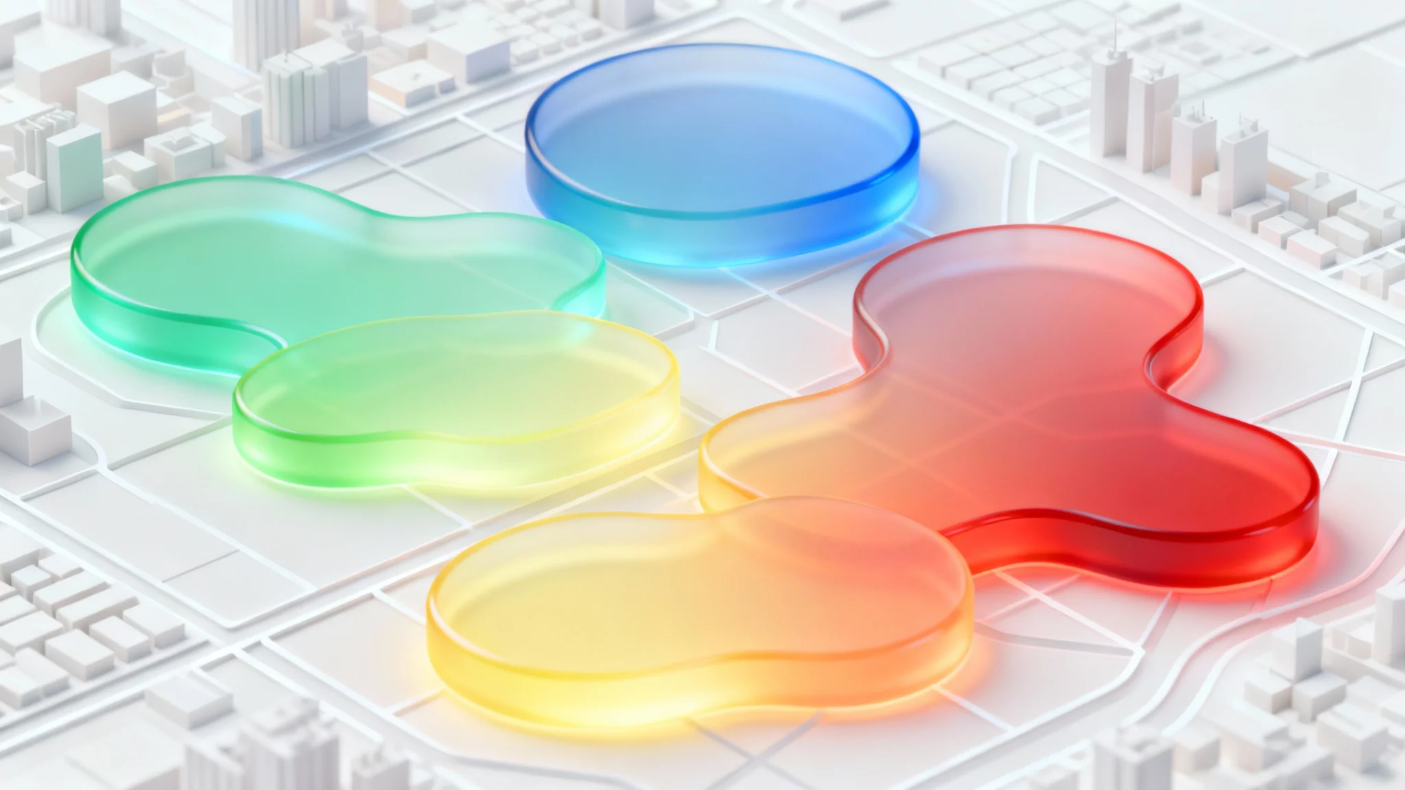 A 3D render of a city map with a colorful heat map overlay, showing areas of high and low activity with red and blue colors, on a white background.