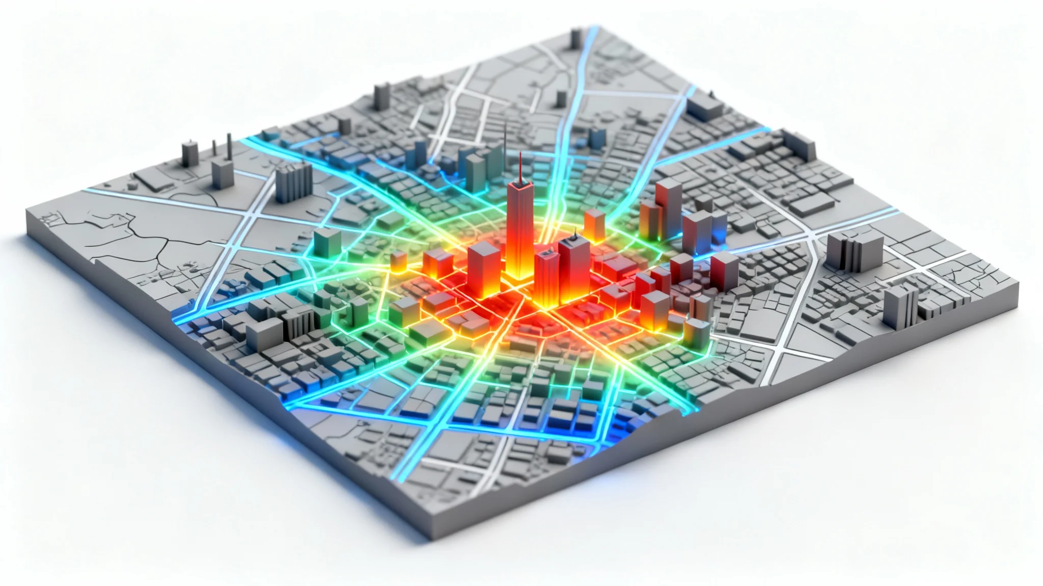 A 3D visualization of a minimalist city map with a colorful heat map overlay showing data hotspots in red, orange, and yellow, all on a clean white background.