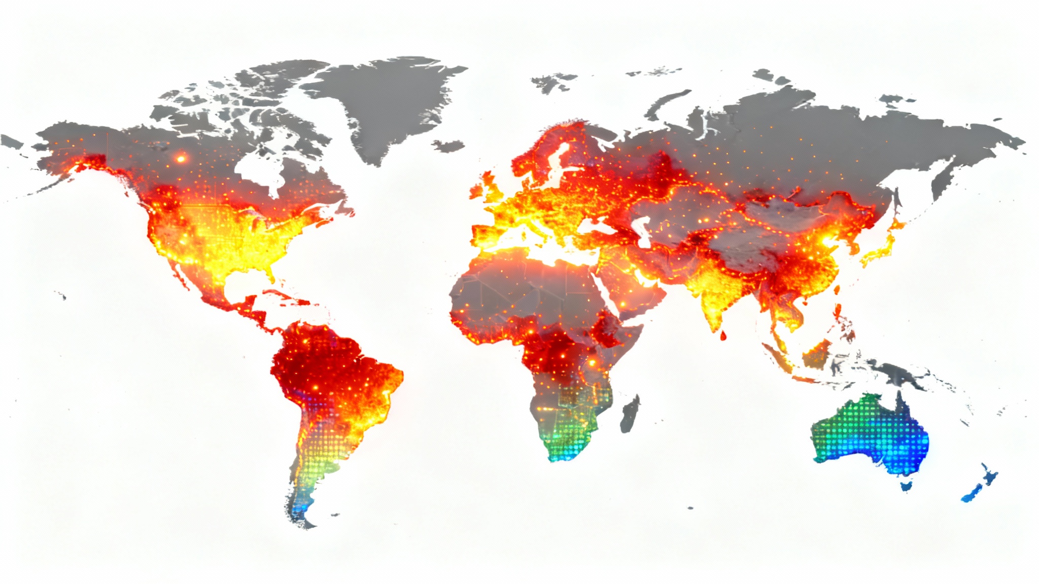 A modern data visualization of a world map presented as a heat map, with glowing colors from red to blue indicating data intensity across different regions, set against a white background.