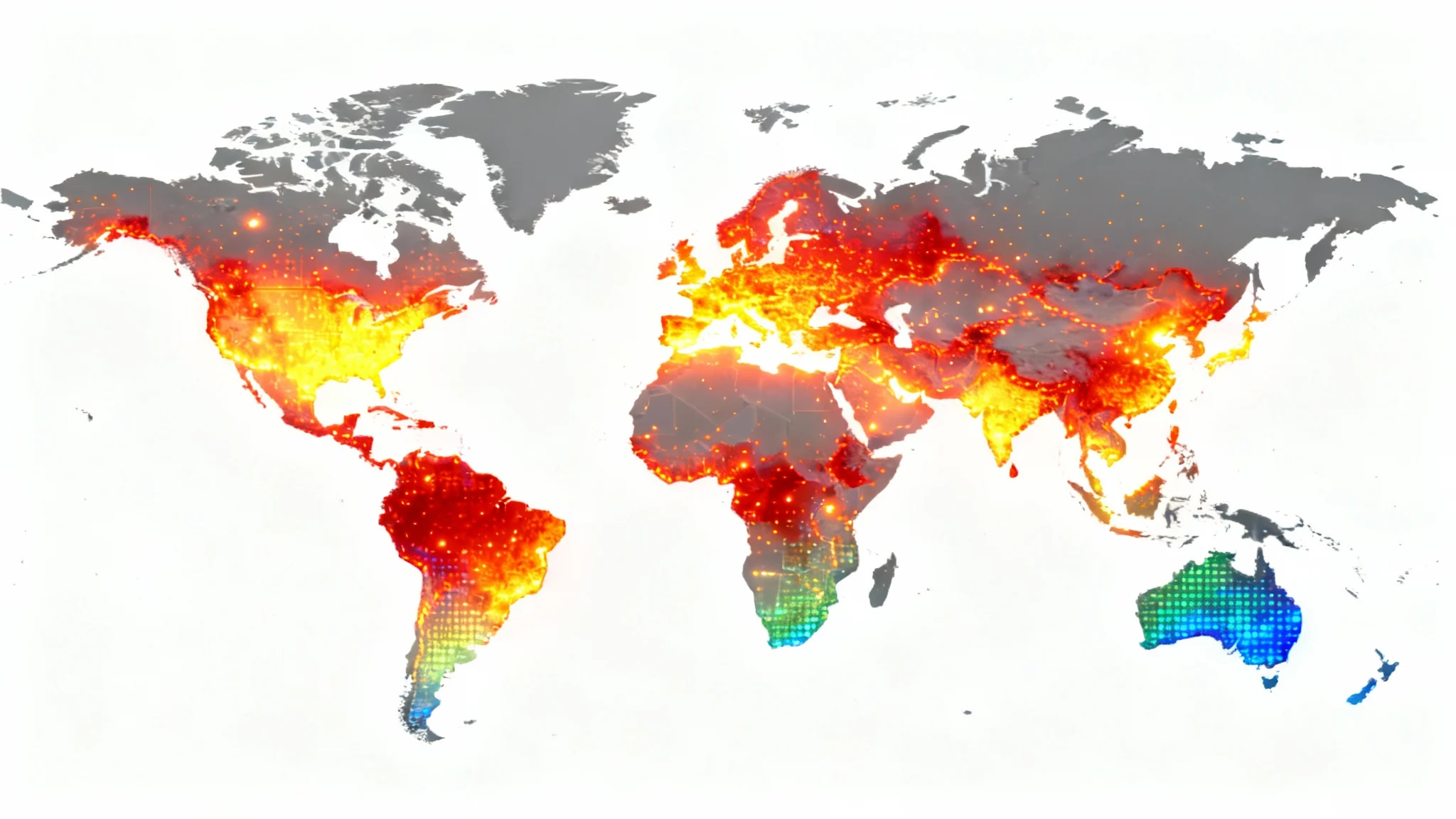 A modern data visualization of a world map presented as a heat map, with glowing colors from red to blue indicating data intensity across different regions, set against a white background.