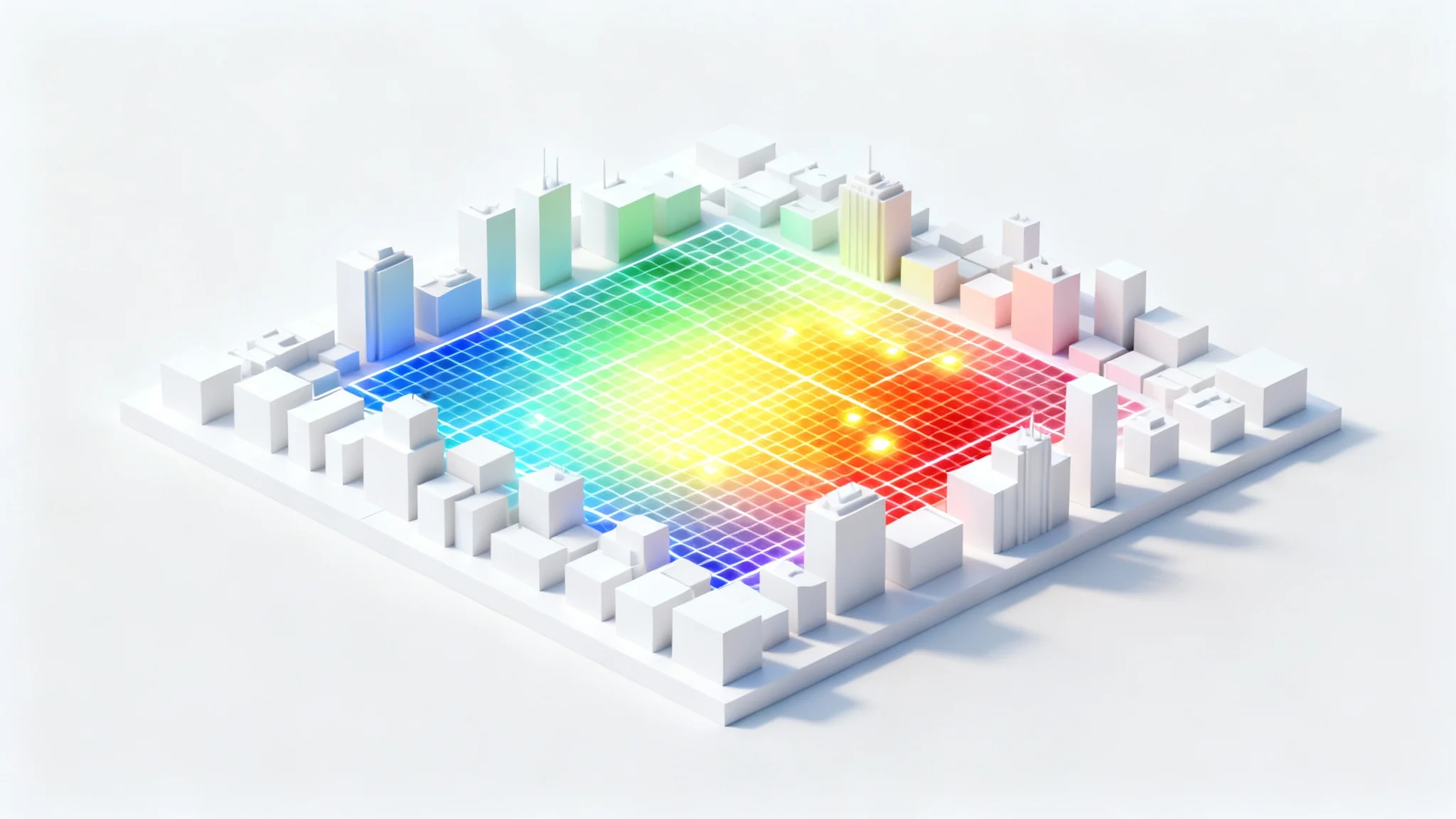 A 3D visualization of a city map with a colorful heat map overlay showing areas of high and low activity, set against a white background.