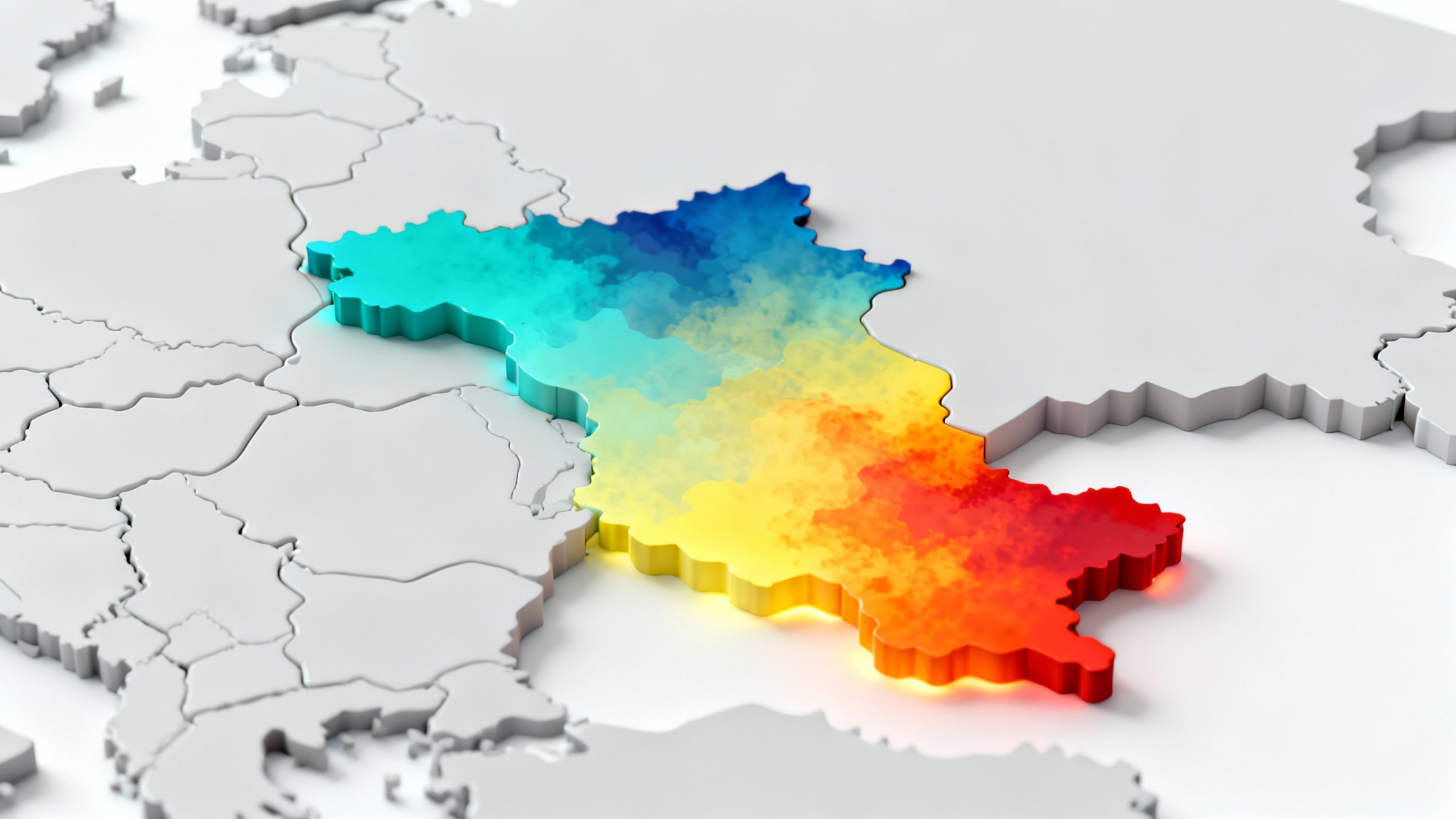 A stylized 3D heat map of a country on a white background, showing data intensity with colors ranging from cool blue to hot red.