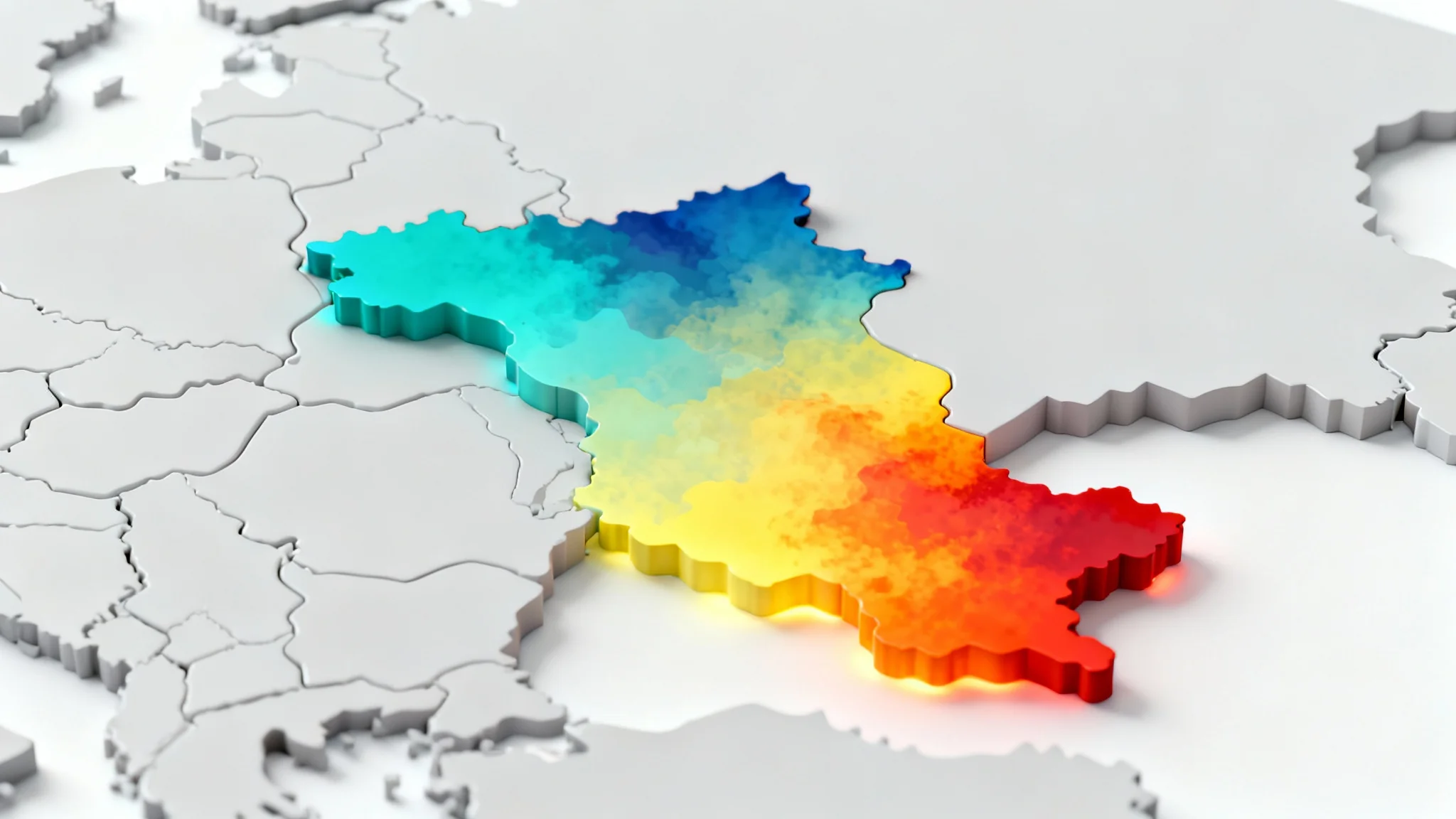 A stylized 3D heat map of a country on a white background, showing data intensity with colors ranging from cool blue to hot red.
