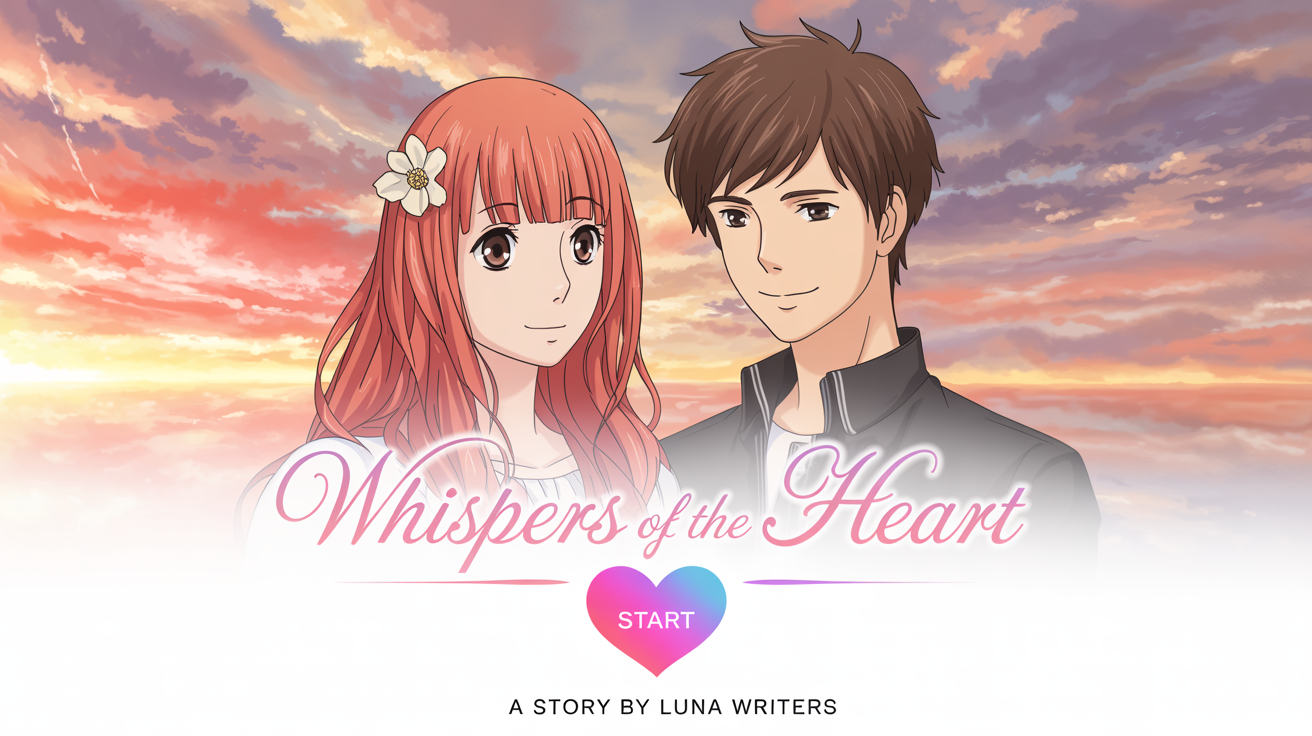 A finished title screen for a romantic visual novel named 'Whispers of the Heart'. It features an anime boy and girl in front of a pastel sunset sky, with the title in pink script and a heart-shaped 'START' button.