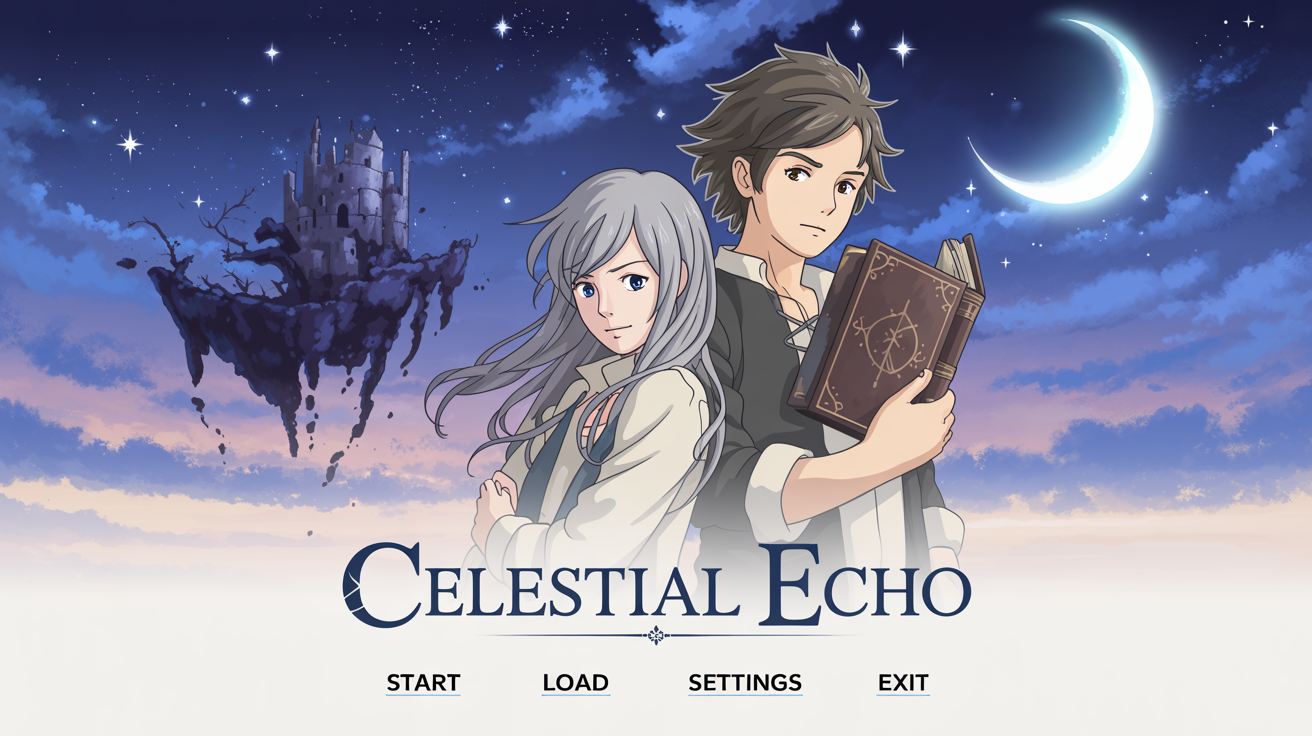 A mockup of a visual novel title screen named 'Celestial Echo', featuring two anime characters in a fantasy setting with a floating castle, set against a white background.