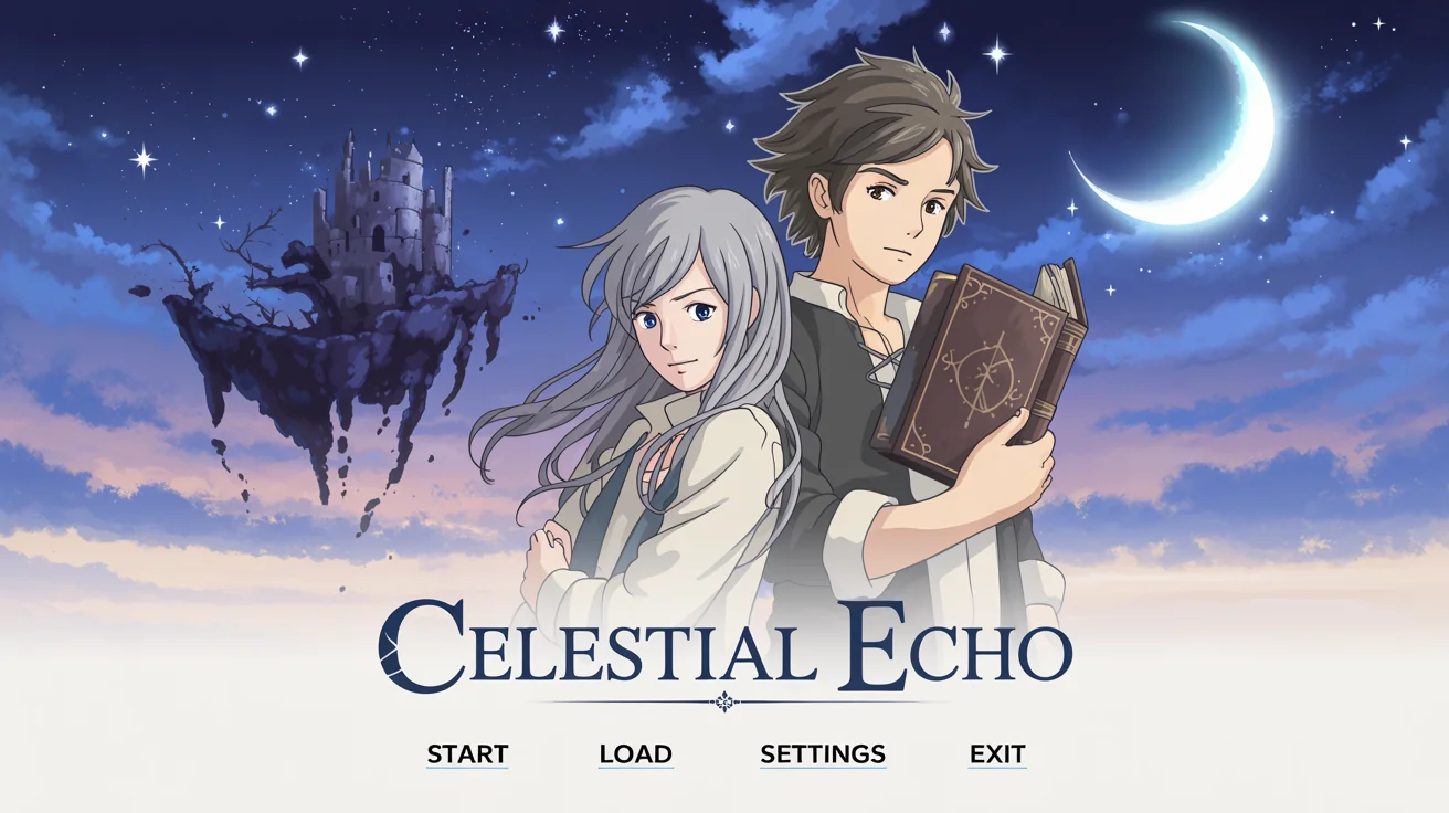 A mockup of a visual novel title screen named 'Celestial Echo', featuring two anime characters in a fantasy setting with a floating castle, set against a white background.
