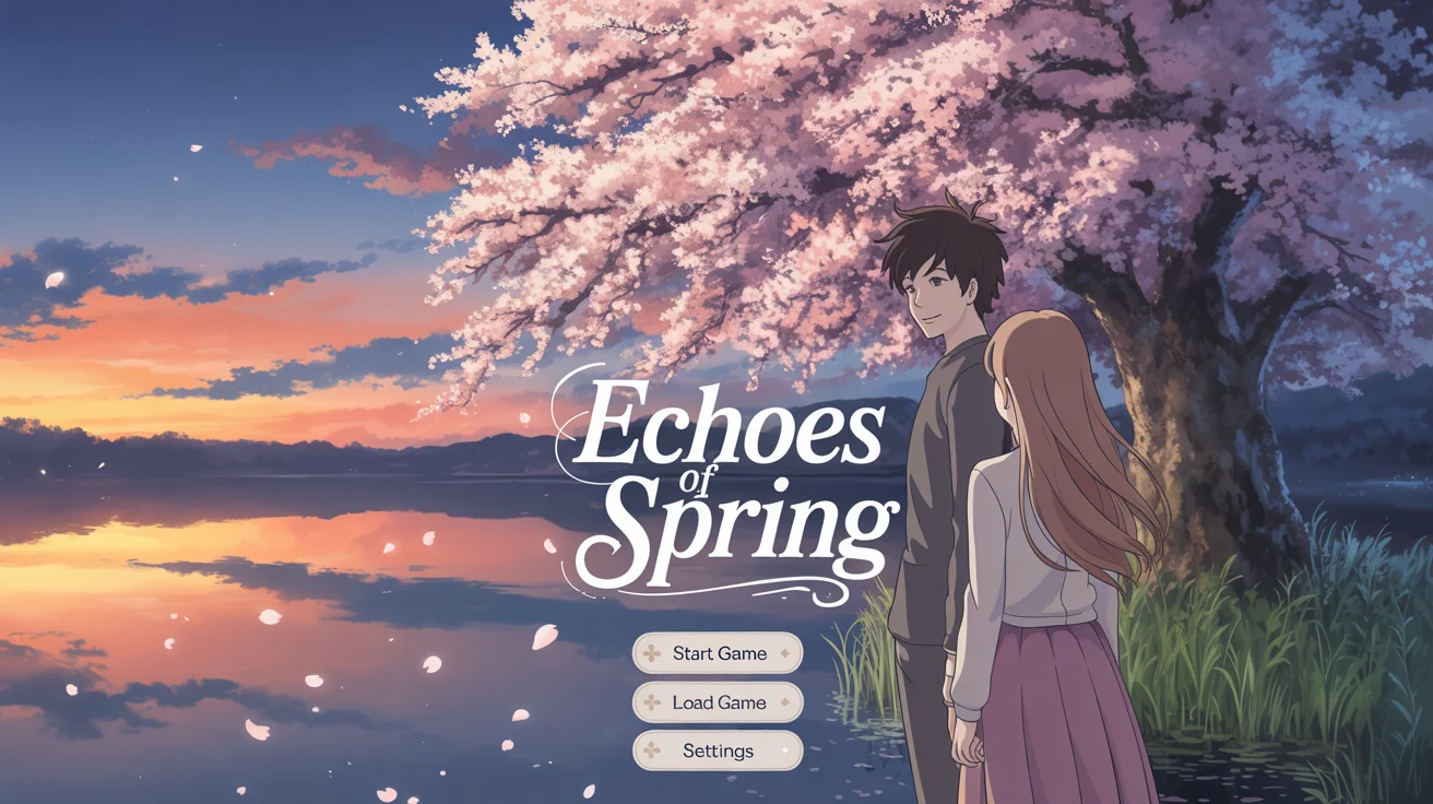 A mock-up of a visual novel title screen titled 'Echoes of Spring', showing two anime-style teenagers standing under a blooming cherry blossom tree at dusk.