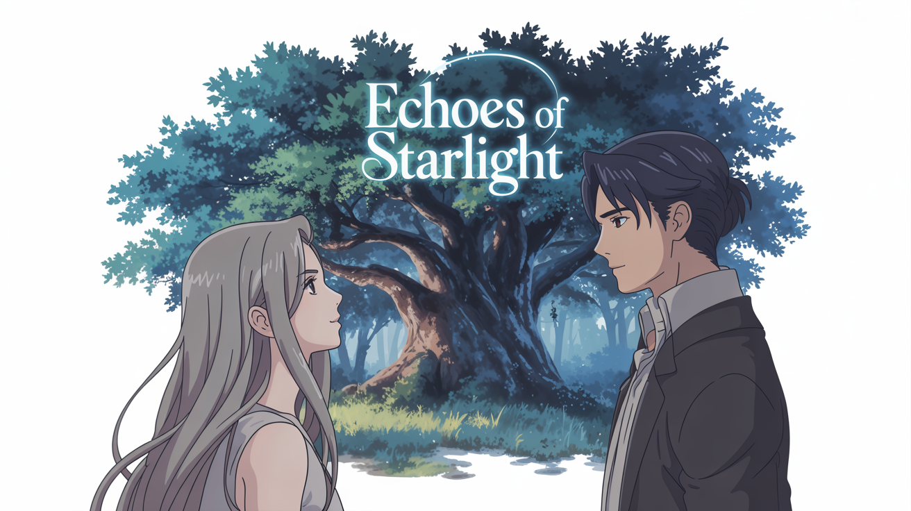 A mockup of a visual novel title screen with an anime art style. It shows a male and female character in a fantasy forest, with the title 'Echoes of Starlight'.