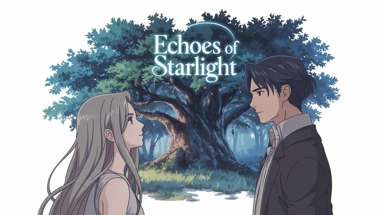 A mockup of a visual novel title screen with an anime art style. It shows a male and female character in a fantasy forest, with the title 'Echoes of Starlight'.