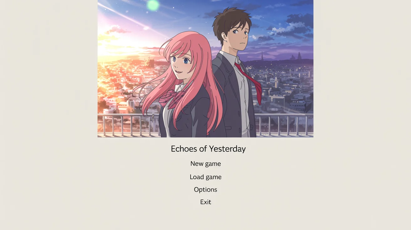 A vibrant anime-style title screen for a visual novel called 'Echoes of Yesterday'. A boy and a girl in school uniforms stand on a rooftop at sunset, with a city skyline in the background. Menu options like 'New Game' and 'Load Game' are at the bottom. The image is presented on a white background.