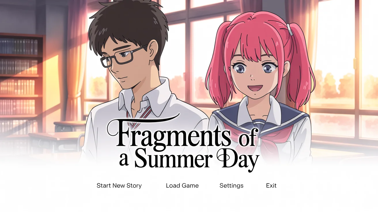 A mockup of an anime-style visual novel title screen called 'Fragments of a Summer Day', showing a boy and a girl in a sunlit classroom.