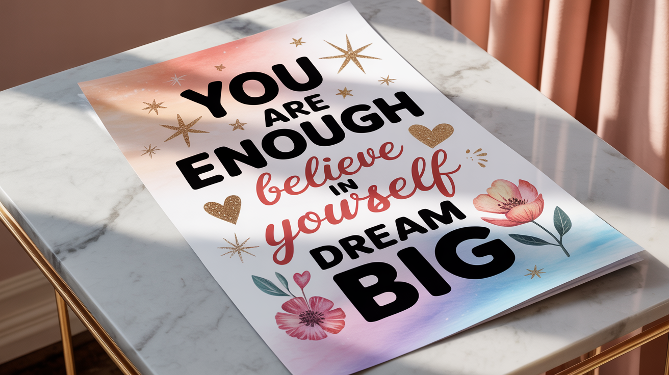 A beautifully designed positive affirmation poster featuring the phrases 'YOU ARE ENOUGH,' 'BELIEVE IN YOURSELF,' and 'DREAM BIG' in colorful, artistic fonts. The design is set against a soft pastel gradient background with small illustrations of stars, hearts, and flowers.