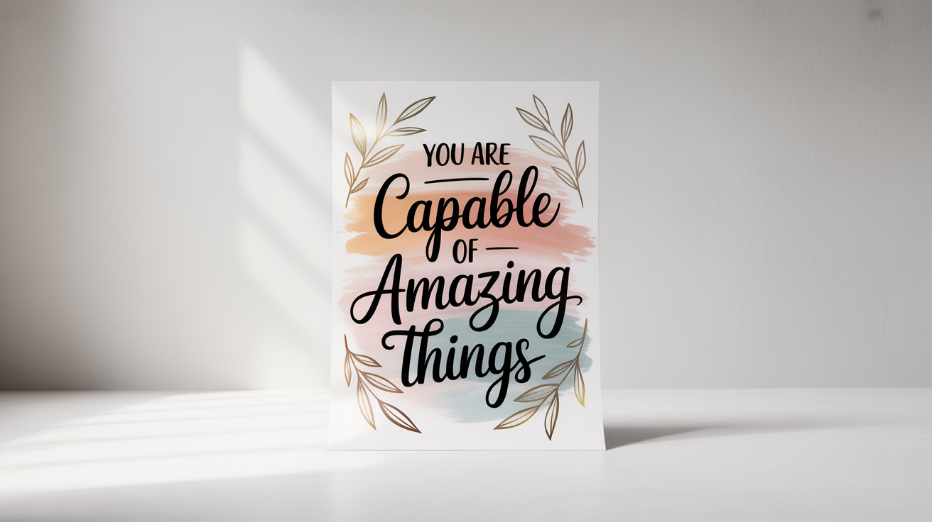 A mockup of a positive affirmation poster with the words 'You are capable of amazing things' in elegant typography, set against a soft watercolor background with delicate gold leaf illustrations.