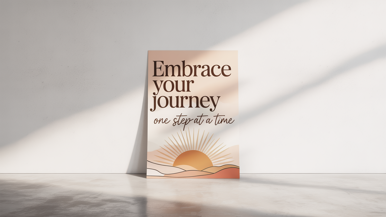 A mockup of a modern, minimalist positive affirmation poster on a white background. The poster reads 'Embrace Your Journey' and 'One Step at a Time' with a simple line art drawing of a rising sun.
