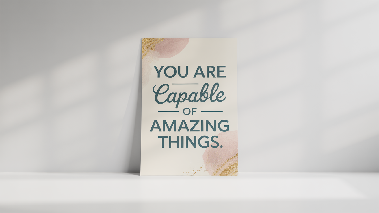 A mockup of a modern positive affirmation poster on a white background, featuring the text 'You Are Capable of Amazing Things' in a mix of stylish script and sans-serif fonts with soft watercolor details.