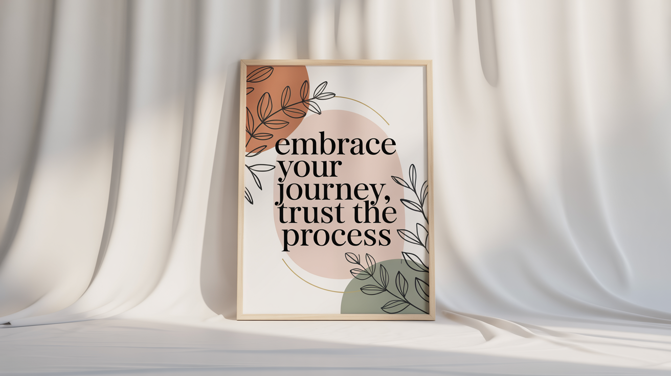 A modern positive affirmation poster mockup against a white background. The poster reads 'Embrace Your Journey, Trust The Process' in elegant typography, decorated with minimalist abstract shapes and botanical line art in a calming color palette.