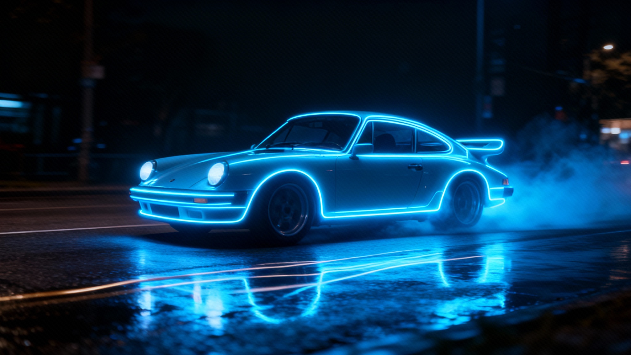 An eye-catching hero image of a sports car at night, its shape perfectly outlined in a bright blue neon glow, demonstrating a neon outline effect on a complex photo.