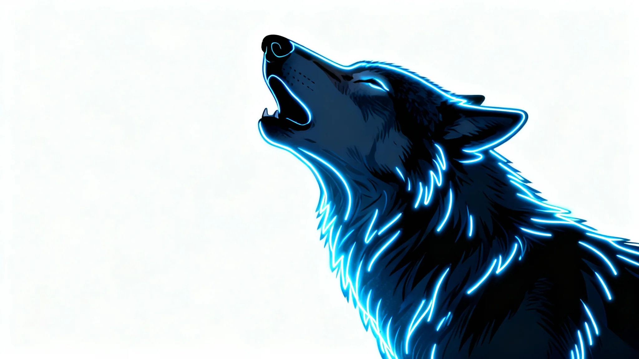 A wolf's head, tilted up in a howl, depicted entirely by a bright blue neon outline against a plain white background.