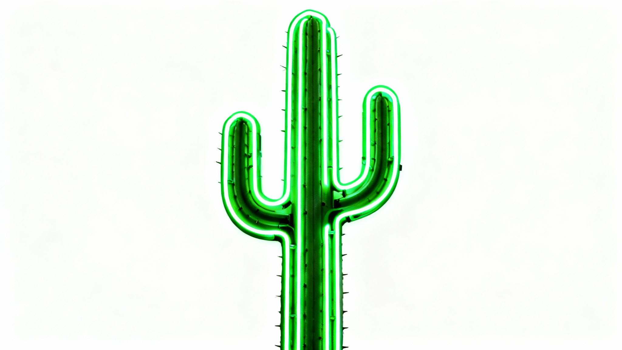 A graphic of a Saguaro cactus rendered as a bright green neon light outline against a solid white background.