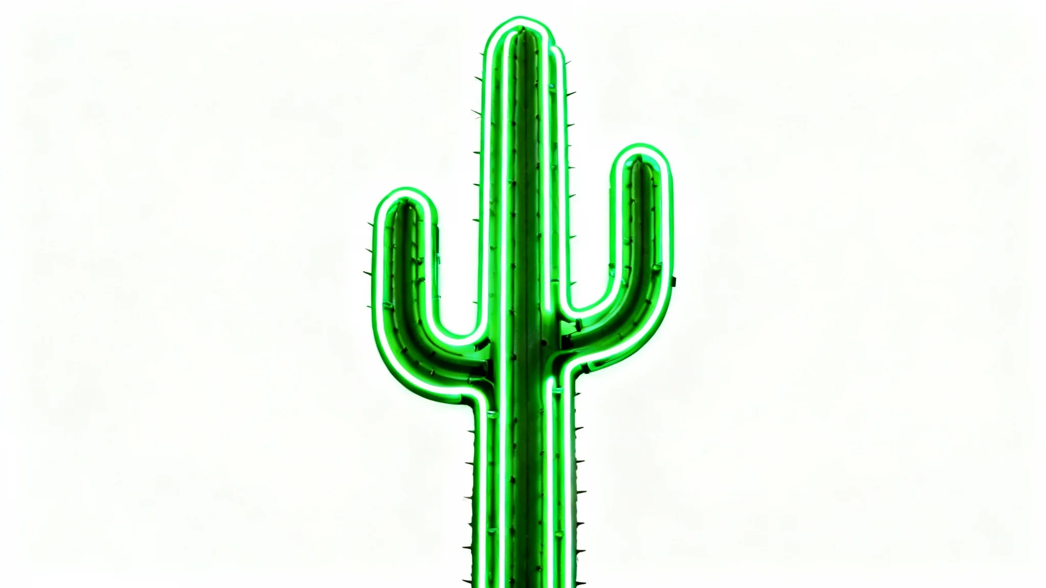 A graphic of a Saguaro cactus rendered as a bright green neon light outline against a solid white background.