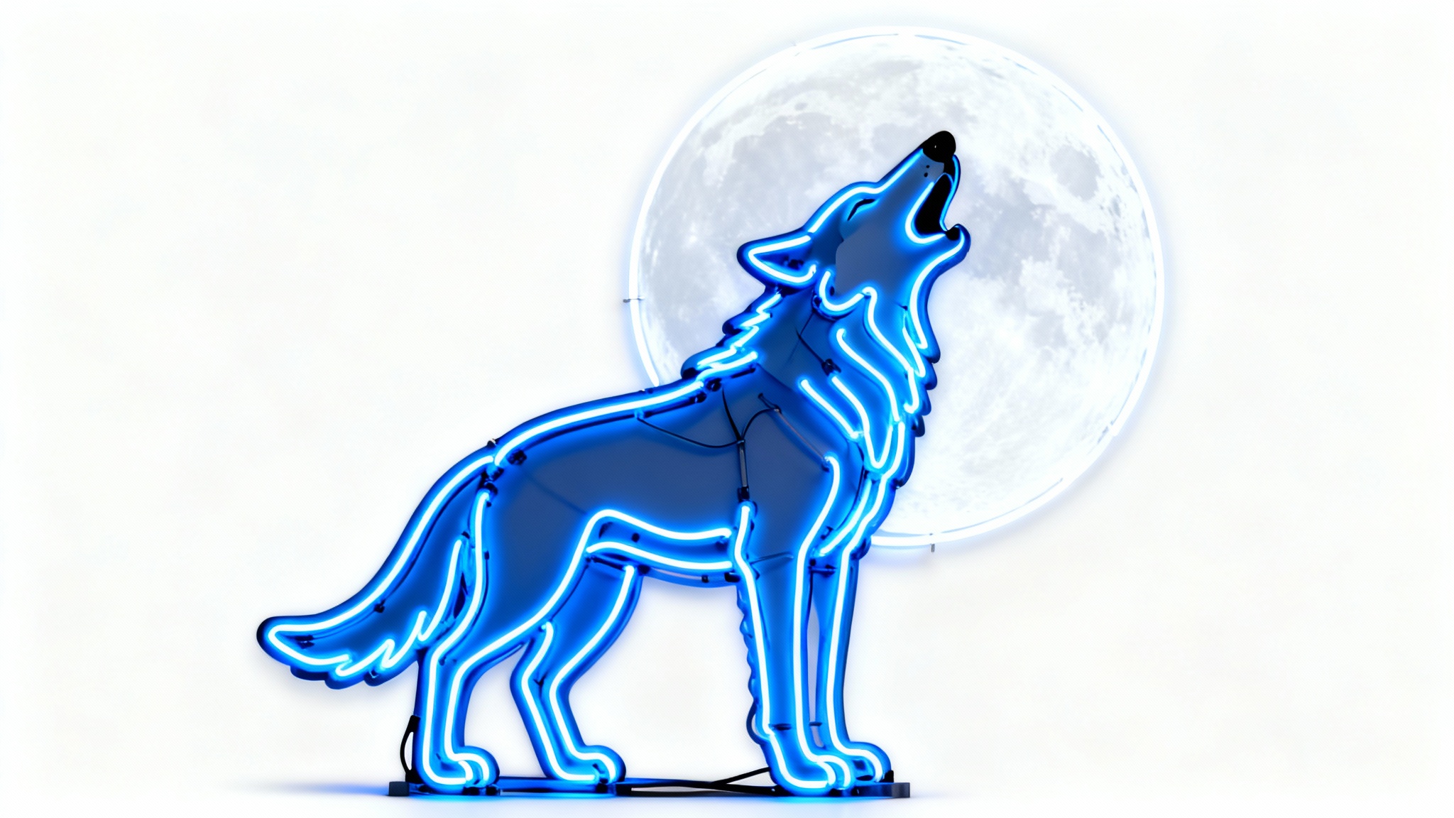 A modern art piece showing a wolf howling, created entirely from a bright blue neon light outline, with a white neon moon behind it, all set against a clean white background.