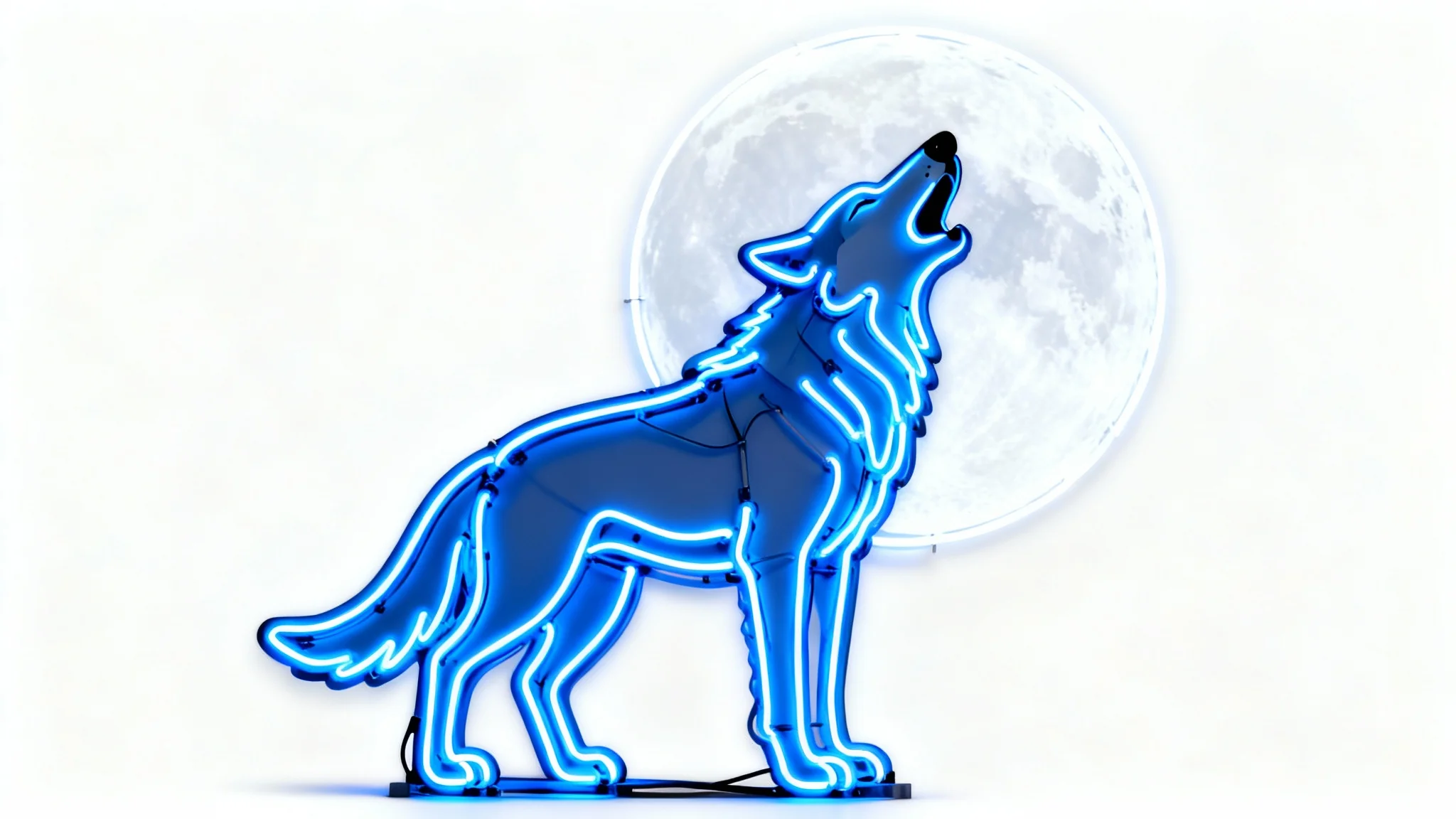 A modern art piece showing a wolf howling, created entirely from a bright blue neon light outline, with a white neon moon behind it, all set against a clean white background.