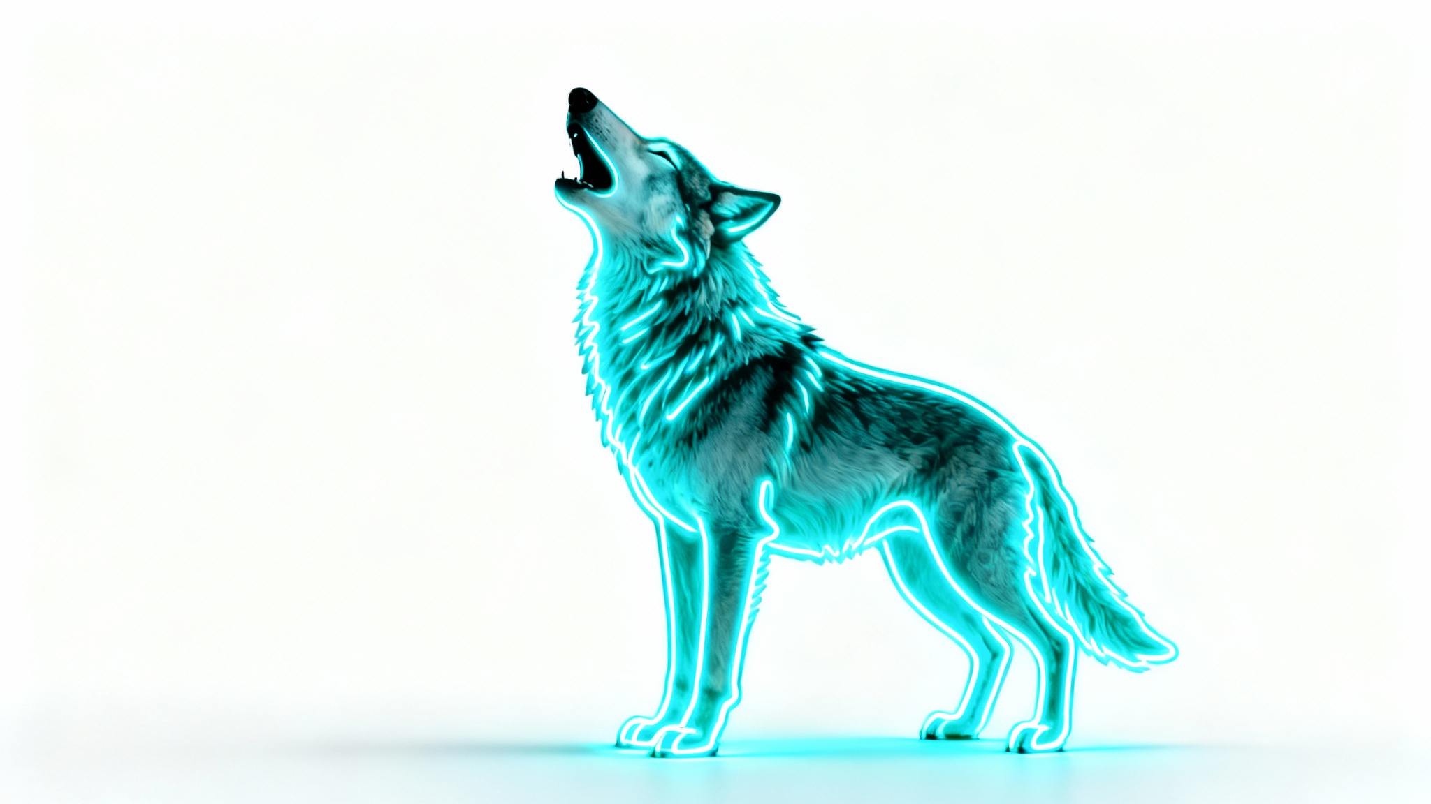 A hyper-realistic image of a howling wolf created entirely from a bright cyan neon outline, set against a clean white background.